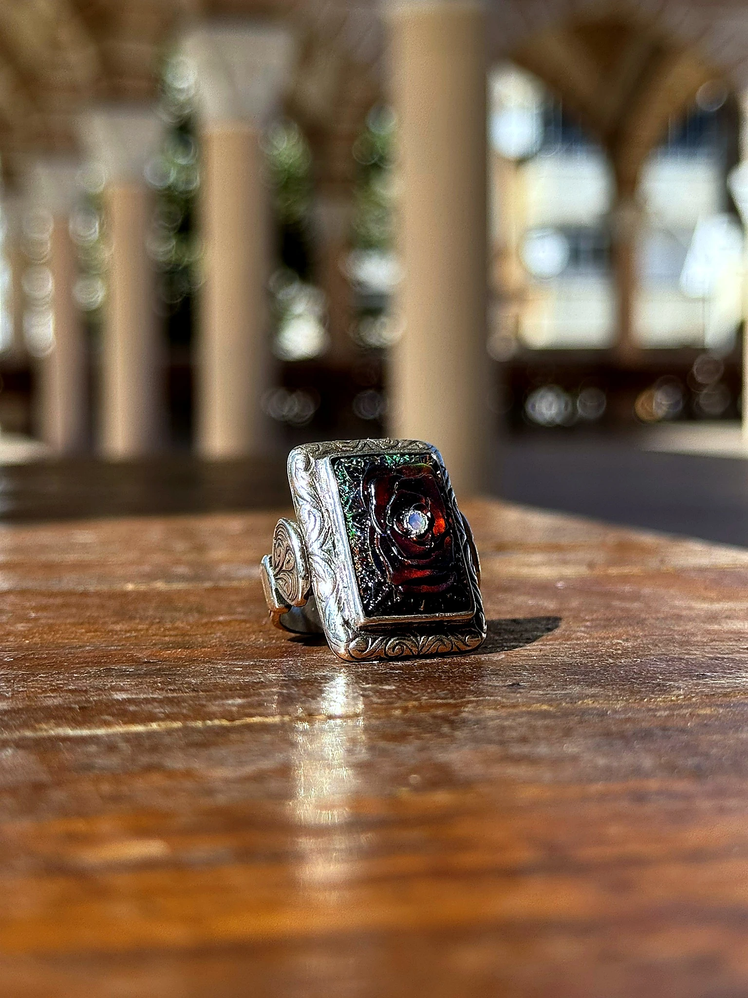 Oyma İşçilikli Siyah Opal Taşlı Dikdörtgen Model 925 Ayar Gümüş Yüzük