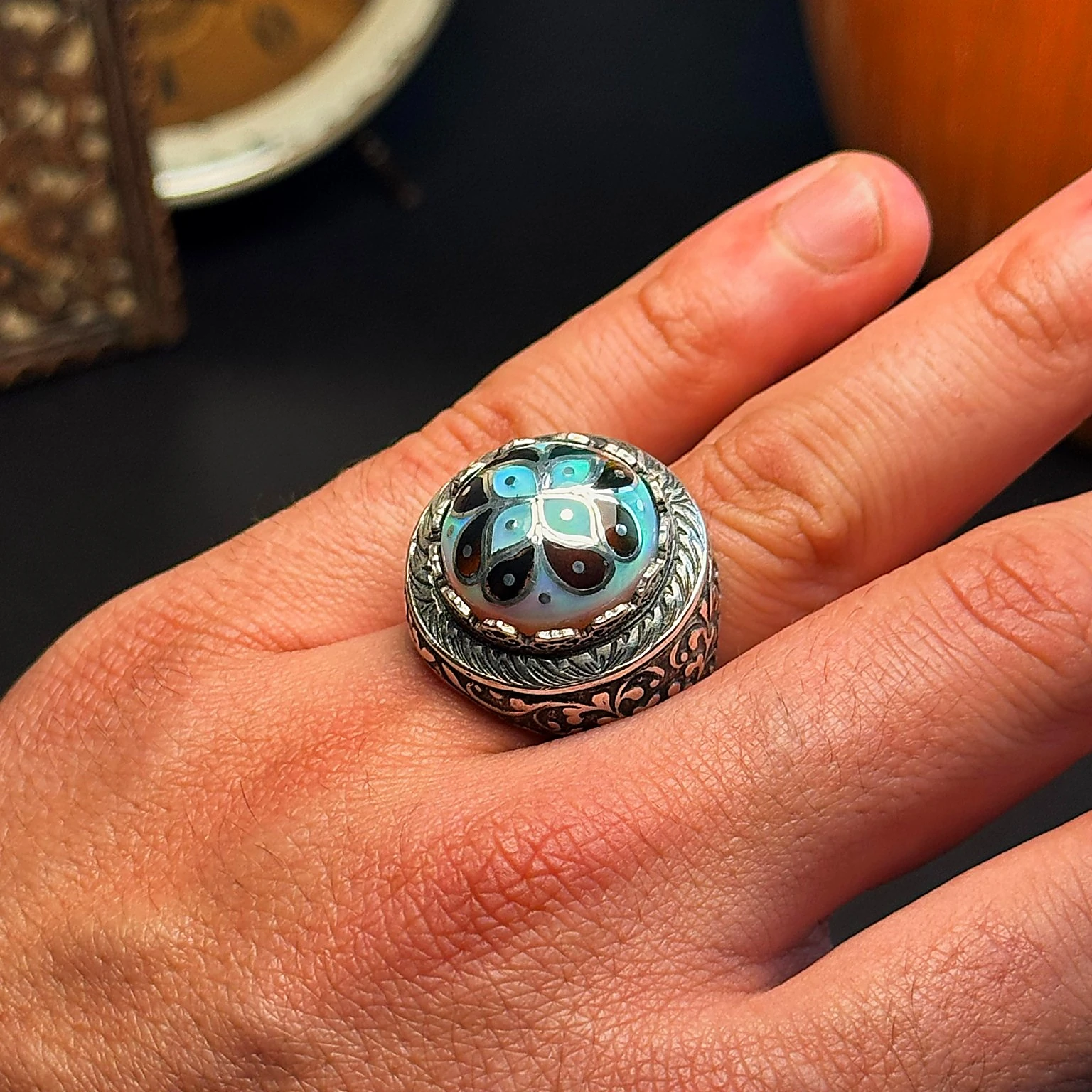 Kakma Sanatı Ve Telkari İşçilikli Beyaz Opal 925 Ayar Gümüş Yüzük