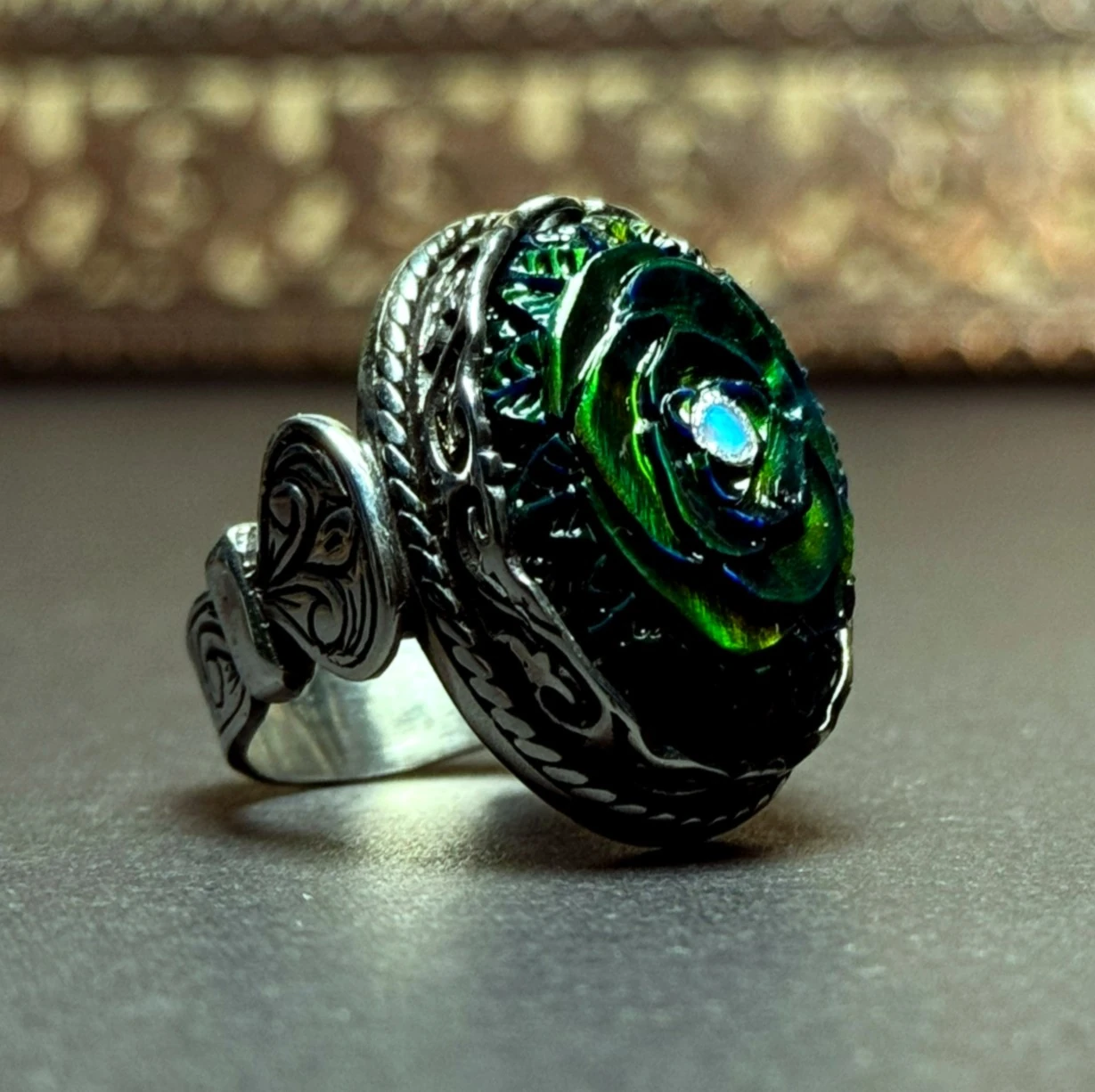 Siyah Opal Oyma Nakkaş İşçiliği 925 Ayar Gümüş Yüzük