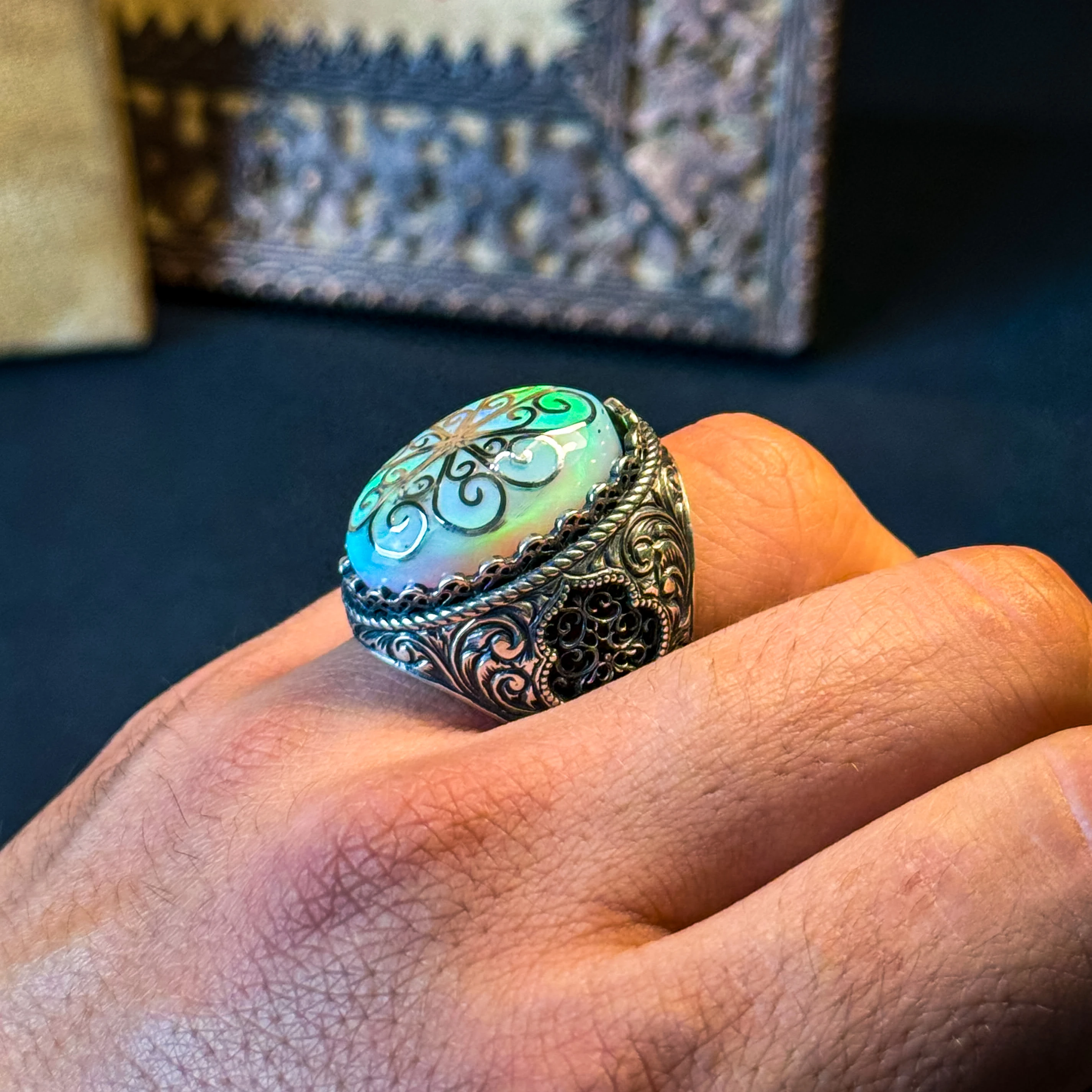 Opal Taşı Telkari İşlemeli 925 Ayar Gümüş Yüzük