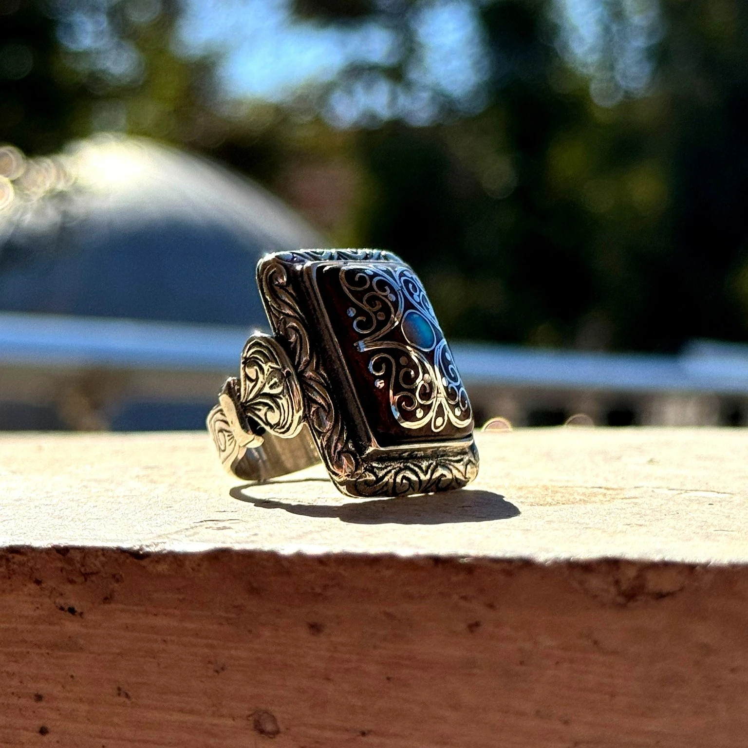 Eski Usul Telkari Opal Kakma Detaylı 925 Ayar Gümüş Yüzük