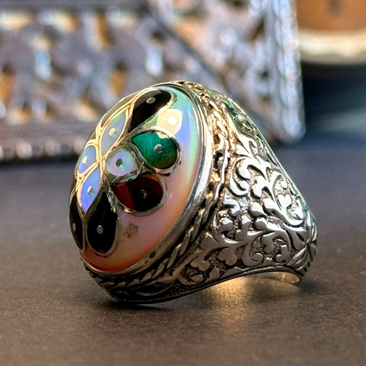 Kakma Telkari İşçilikli Opal Taşlı 925 Ayar Gümüş Yüzük 