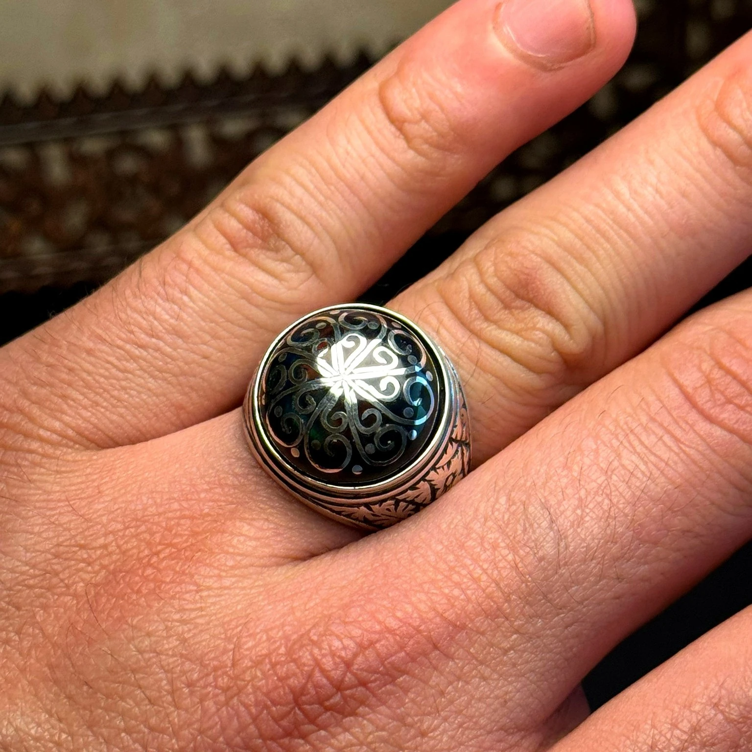 Siyah Opal Telkari İşcilikli 925 Ayar Gümüş Yüzük