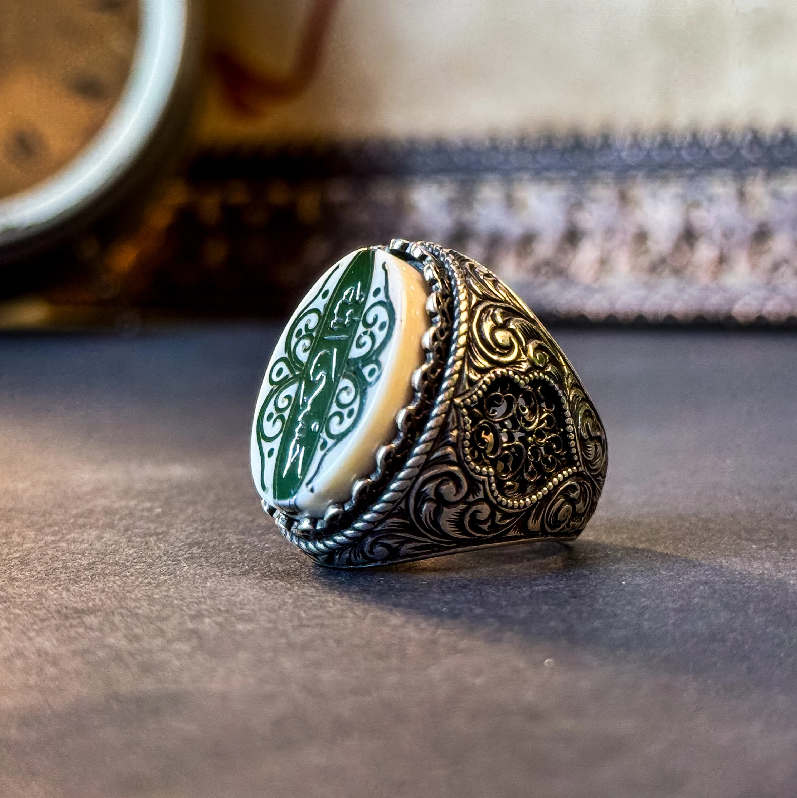 Hasbiyallah Yazılı Kalem ve Telkari İşçilikli 925 Ayar Gümüş Yüzük