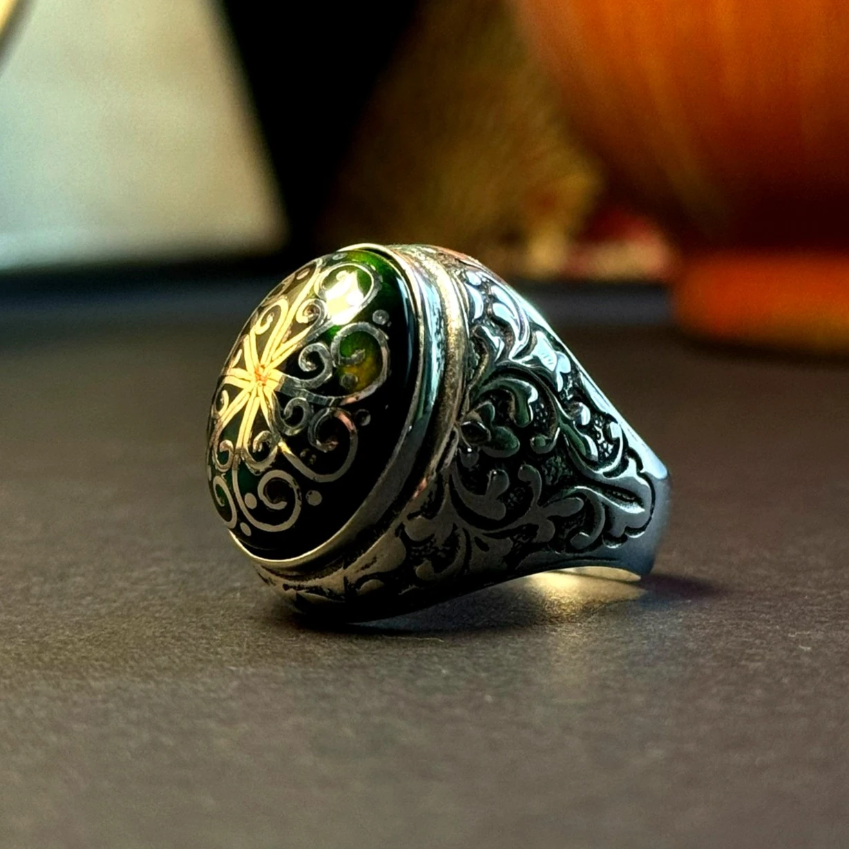 Siyah Opal Taşlı Telkari İşcilikli 925 Ayar Gümüş Yüzük