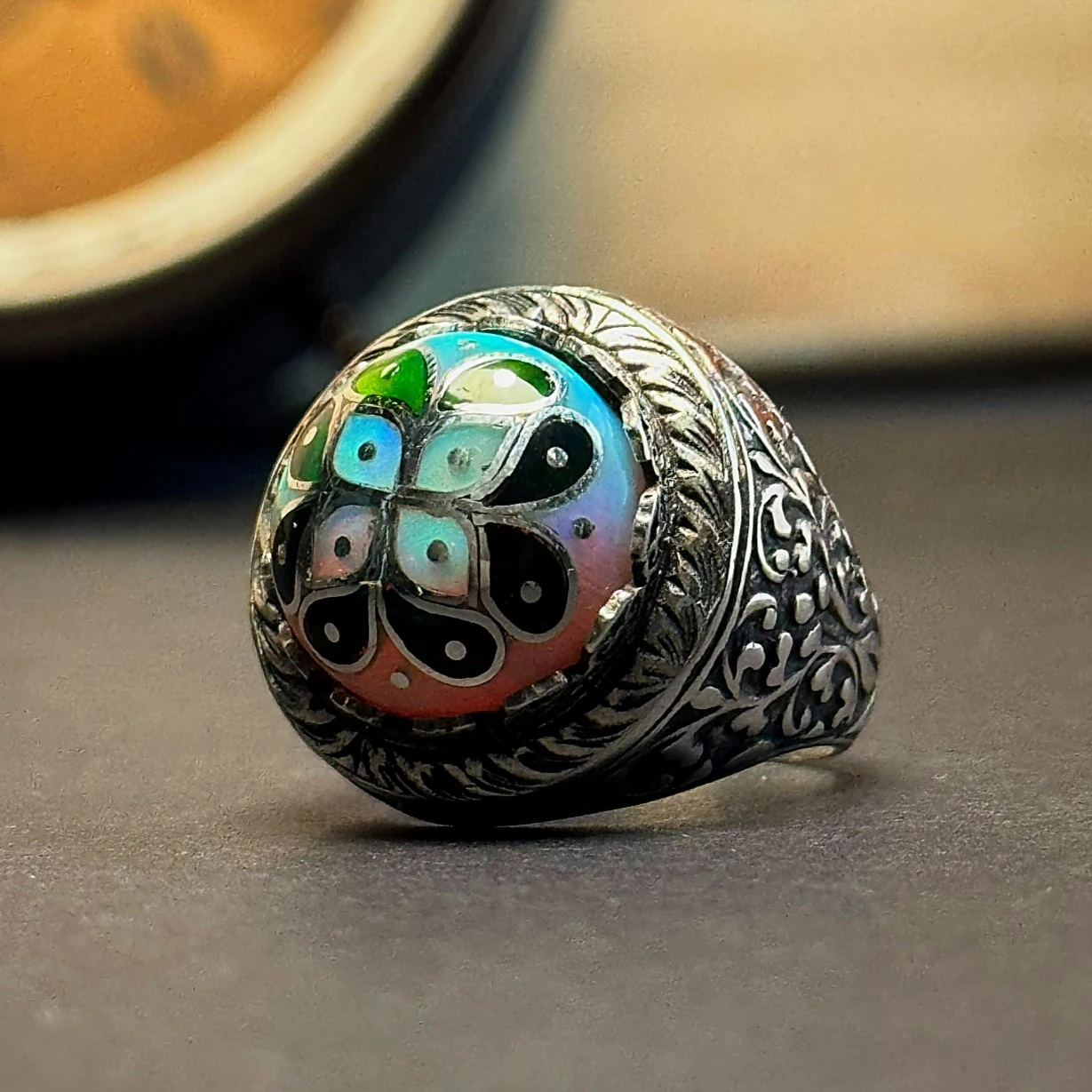 Kakma Sanatı Ve Telkari İşçilikli Beyaz Opal 925 Ayar Gümüş Yüzük