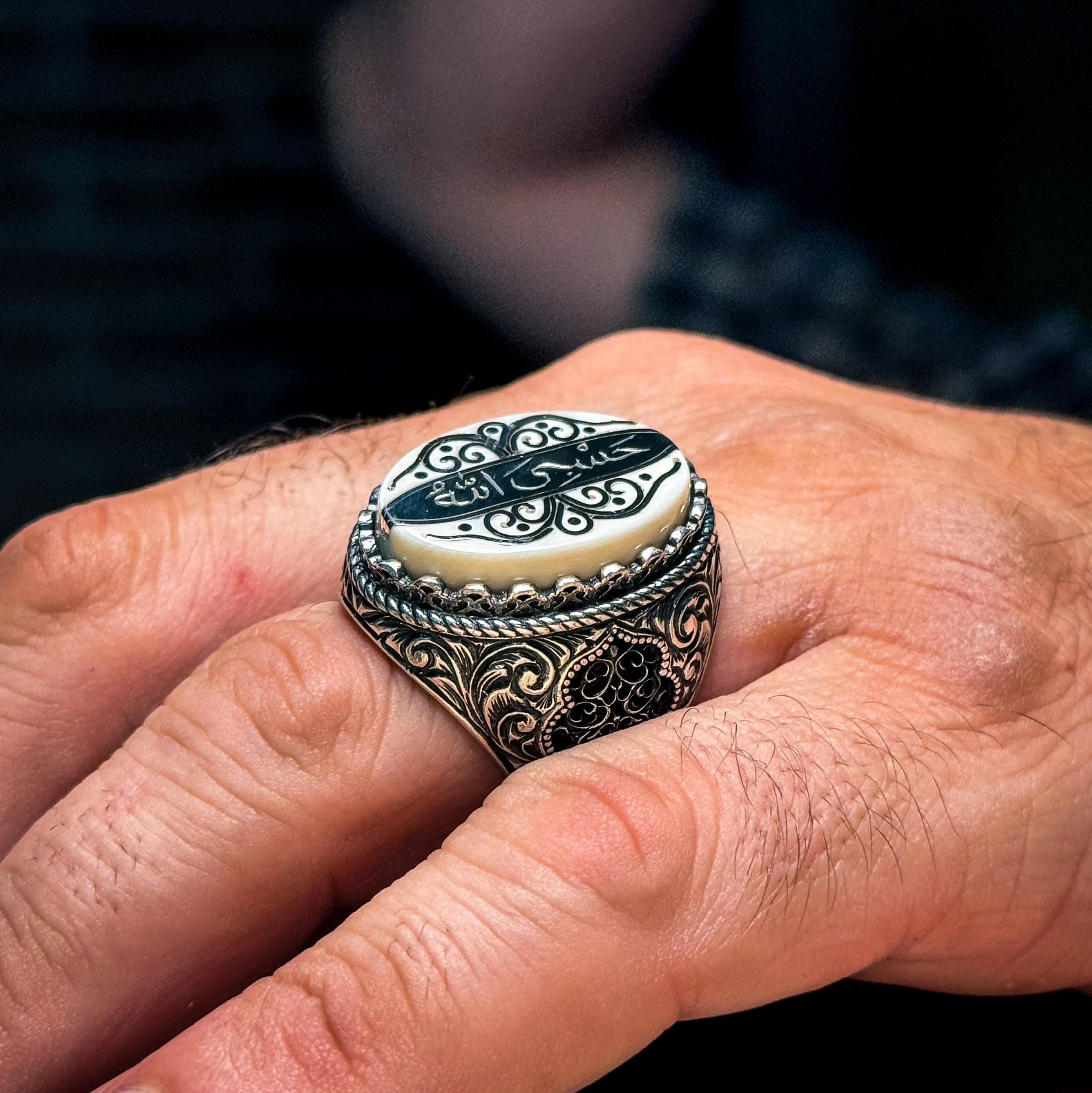 Hasbiyallah Yazılı Kalem ve Telkari İşçilikli 925 Ayar Gümüş Yüzük