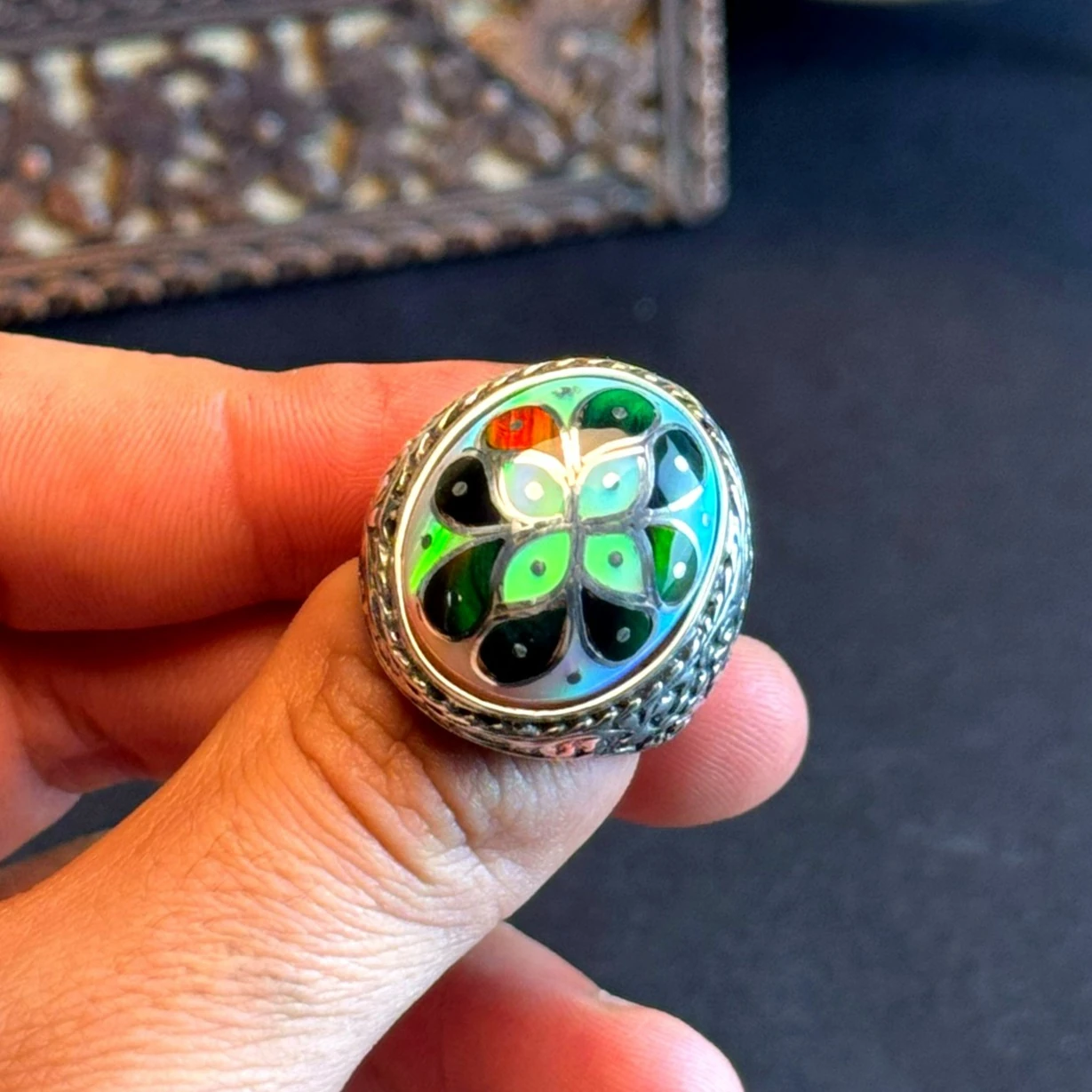 Kakma Telkari İşçilikli Opal Taşlı 925 Ayar Gümüş Yüzük 