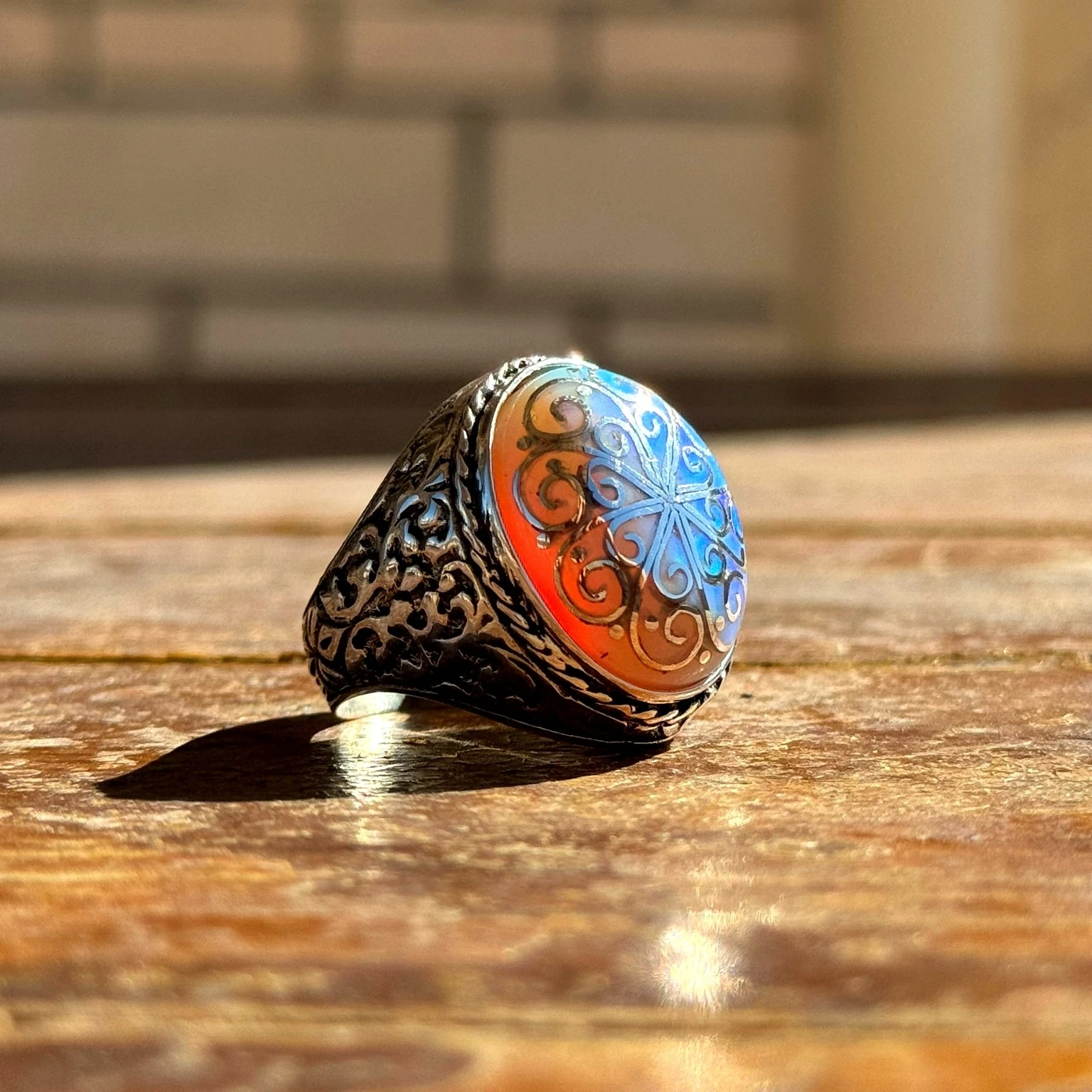 Telkari İşçilikli Opal Taşlı 925 Ayar Gümüş Yüzük