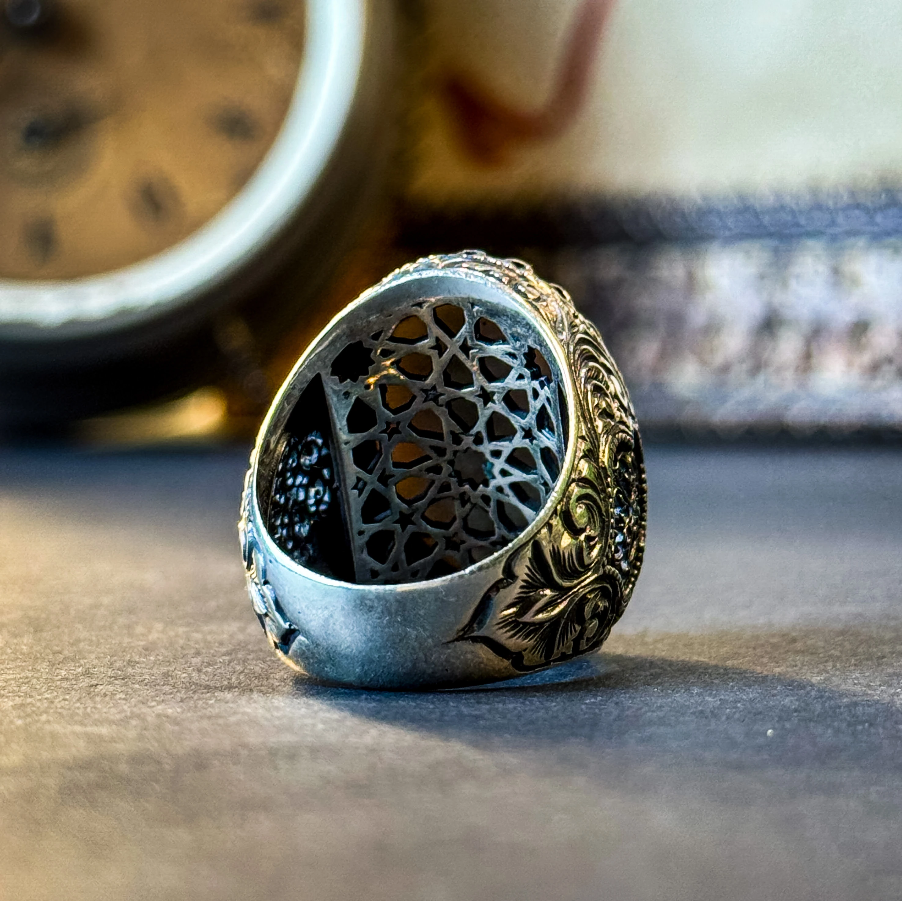 Edeb Ya Hu Yazılı Kalem ve Telkari İşçilikli 925 Ayar Gümüş Yüzük