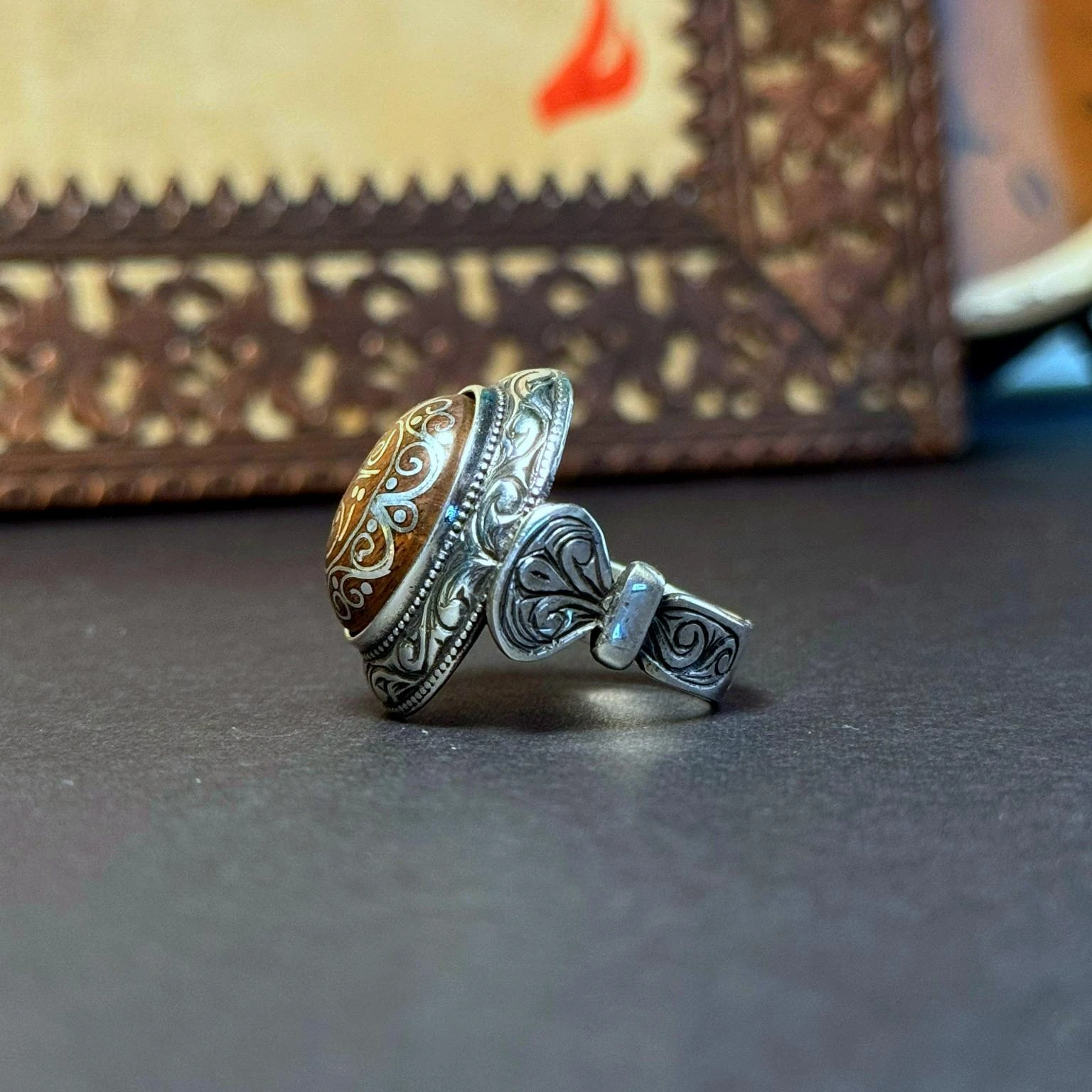 Eski Usul Telkari İşçilikli HİÇ Yazılı 925 Ayar Gümüş Yüzük