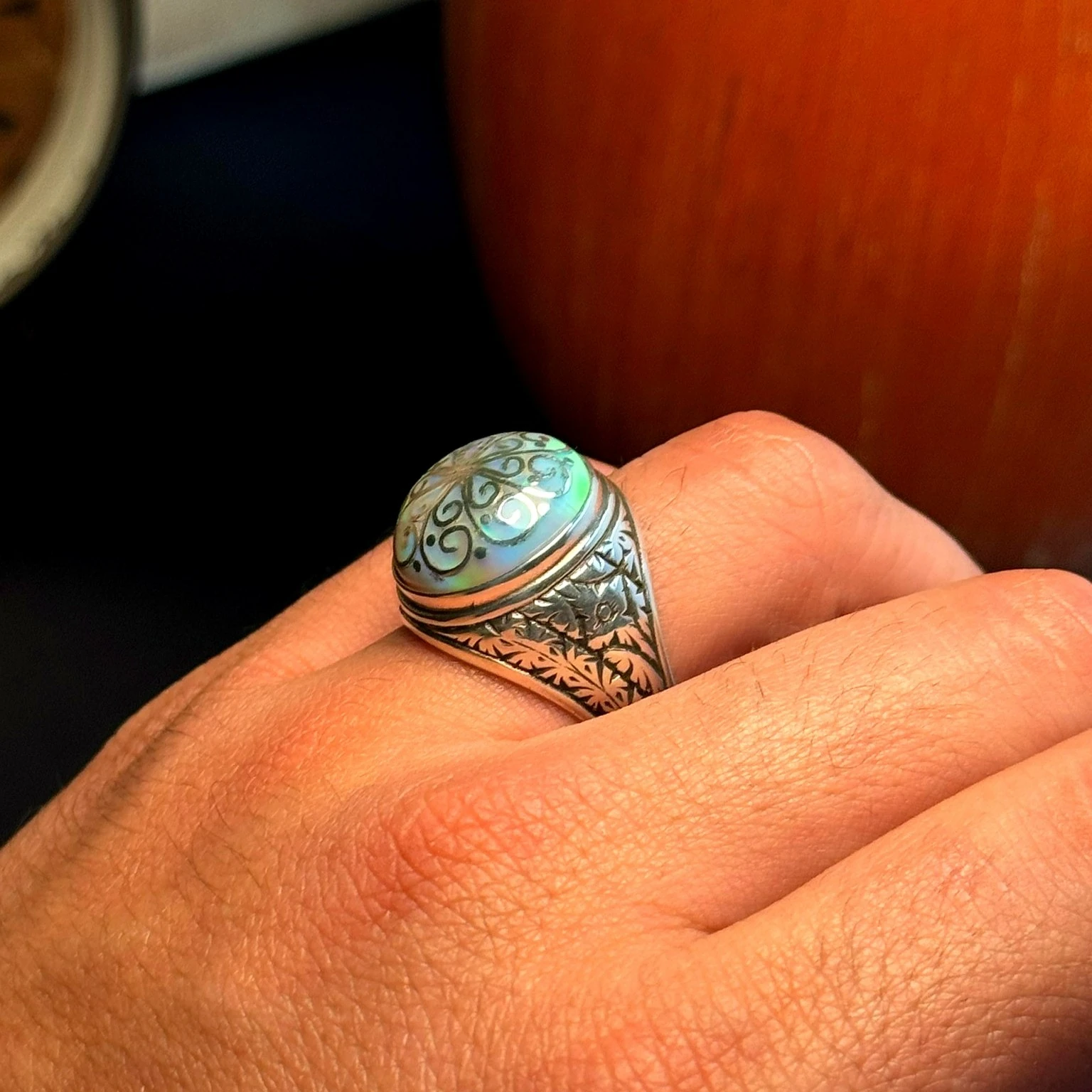 Telkari İşcilikli Beyaz Opal 925 Ayar Gümüş Yüzük