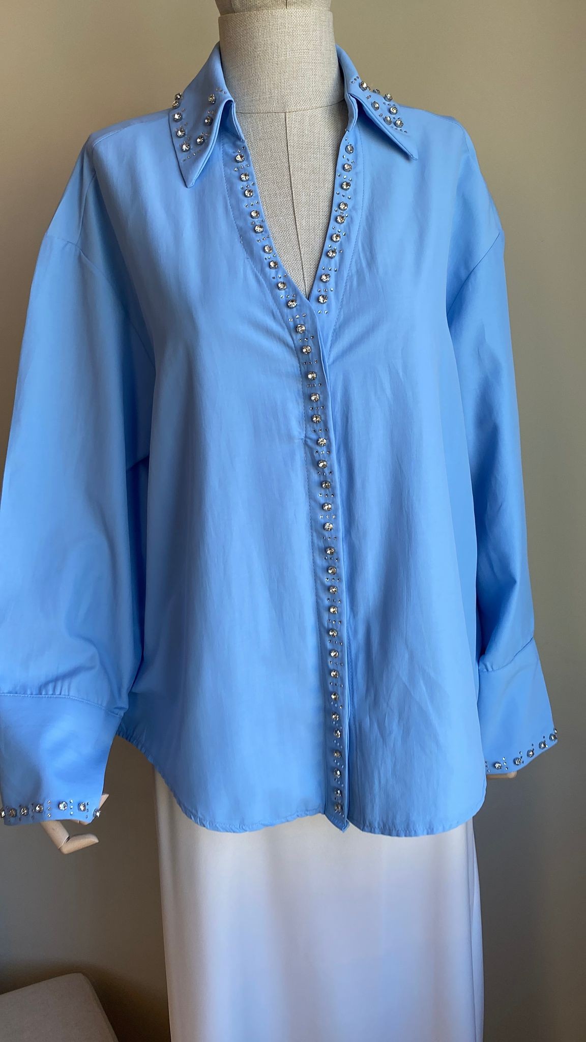 Orijinal Model Taş İşlemeli Poplin Gömlek - Mavi