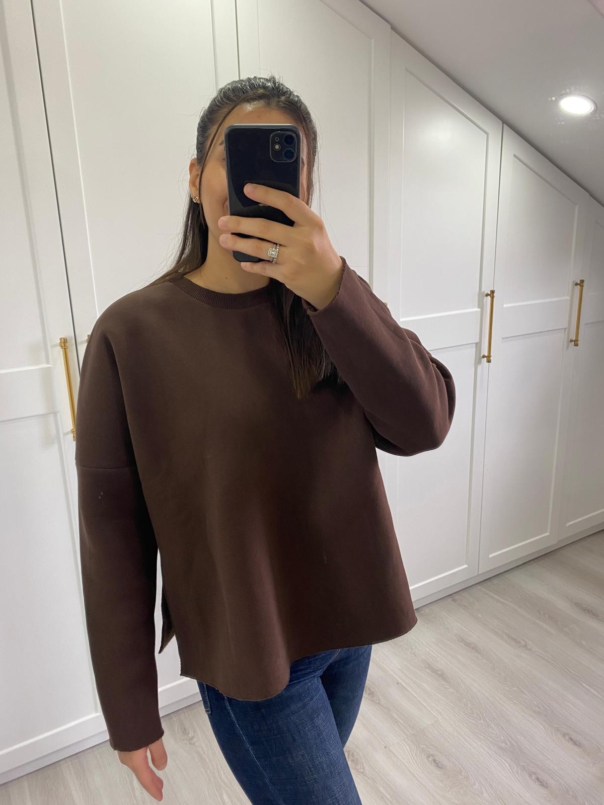 Şardonlu Yırtmaçlı Sweatshirt - Kahverengi