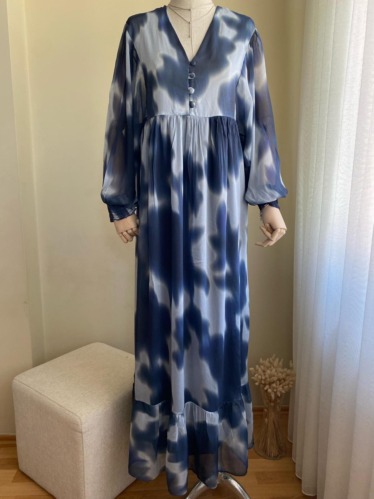 Lacivert Batik Desenli Uzun Elbise