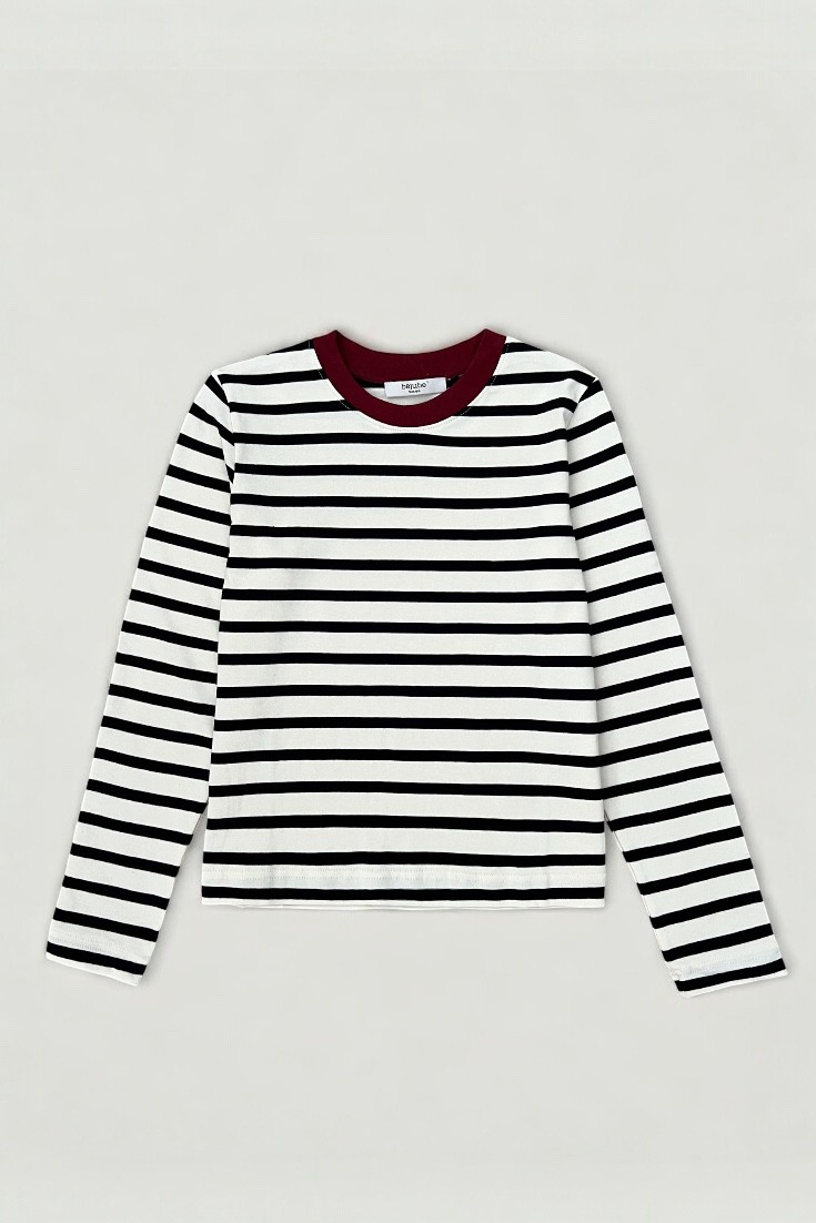 Pamuklu Kalın Çizgili T–shirt - burgundy