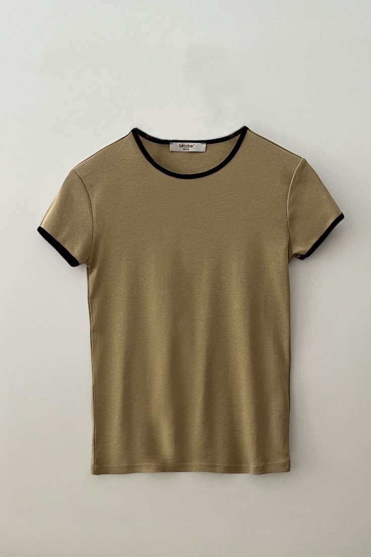 Kontrast detaylı kısa kollu t-shirt - khaki-black