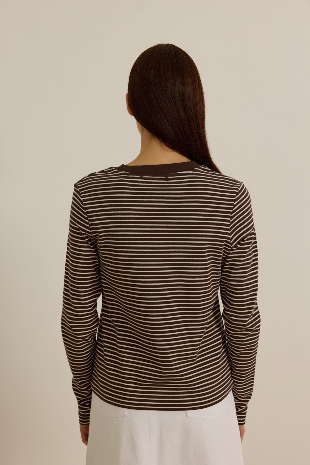 Pamuklu çizgili tshirt - coffee brown