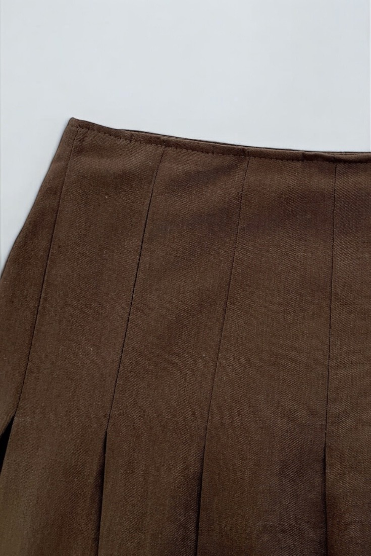 %100 Keten pileli etek - brown