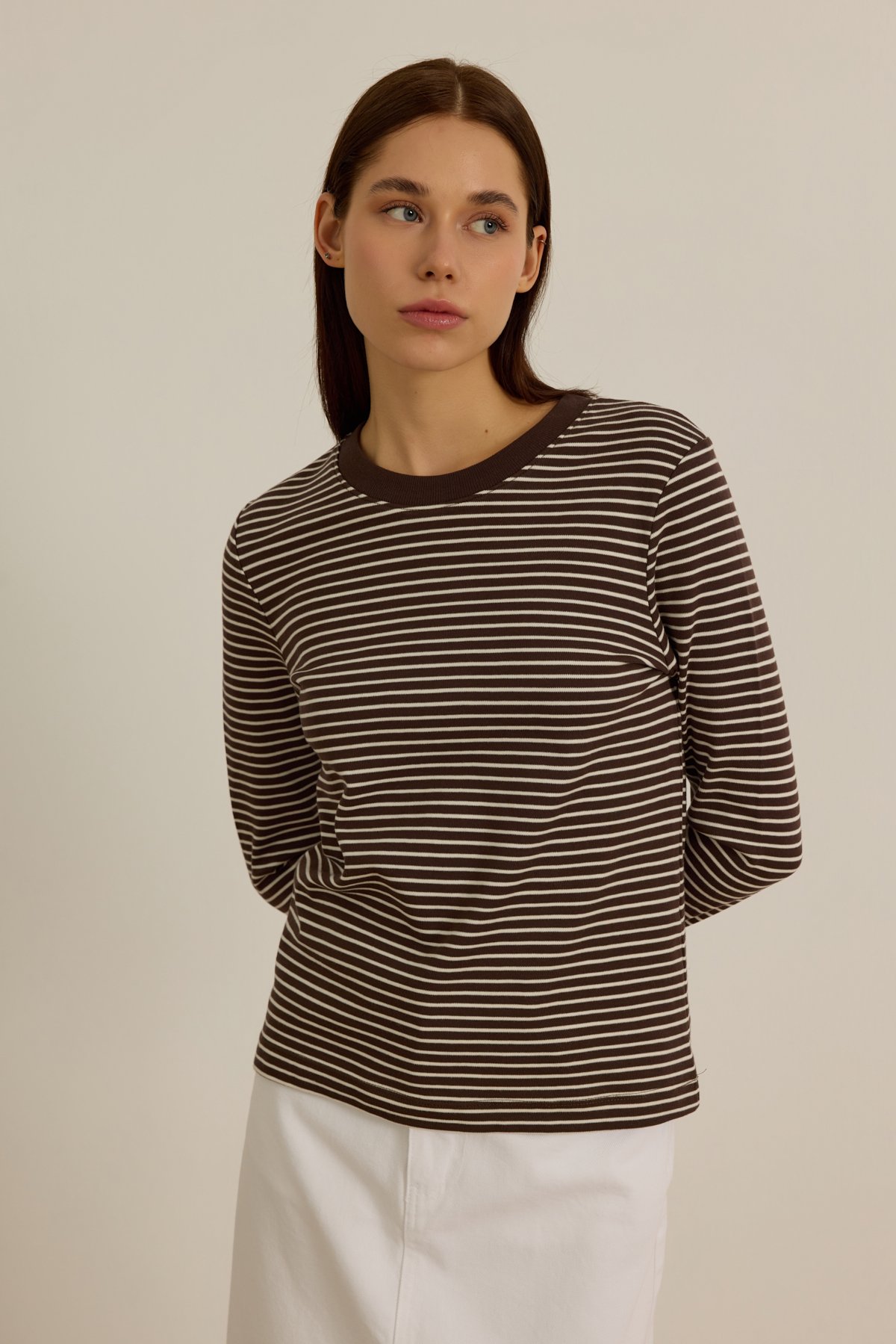 Pamuklu çizgili tshirt - coffee brown