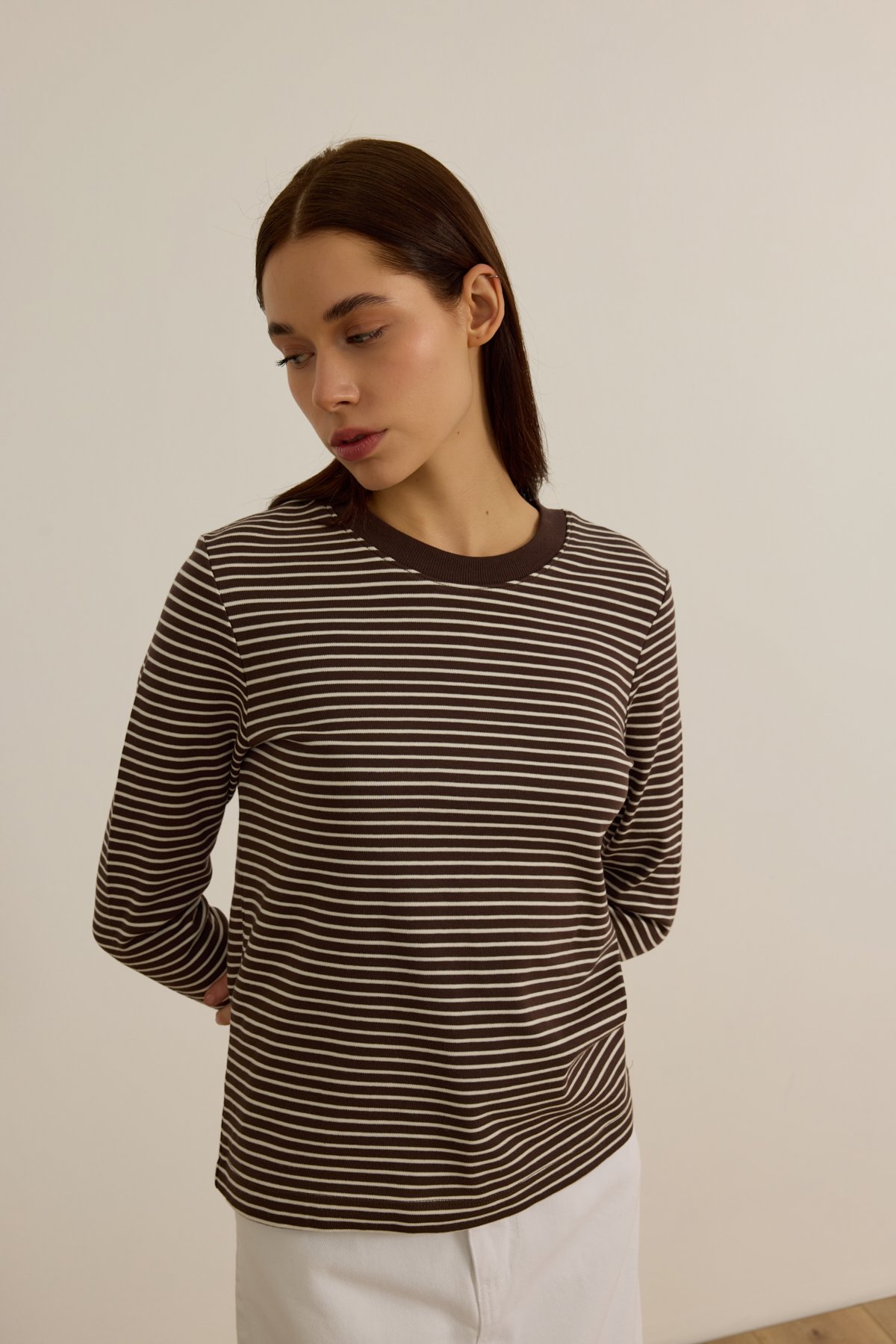 Pamuklu çizgili tshirt - coffee brown