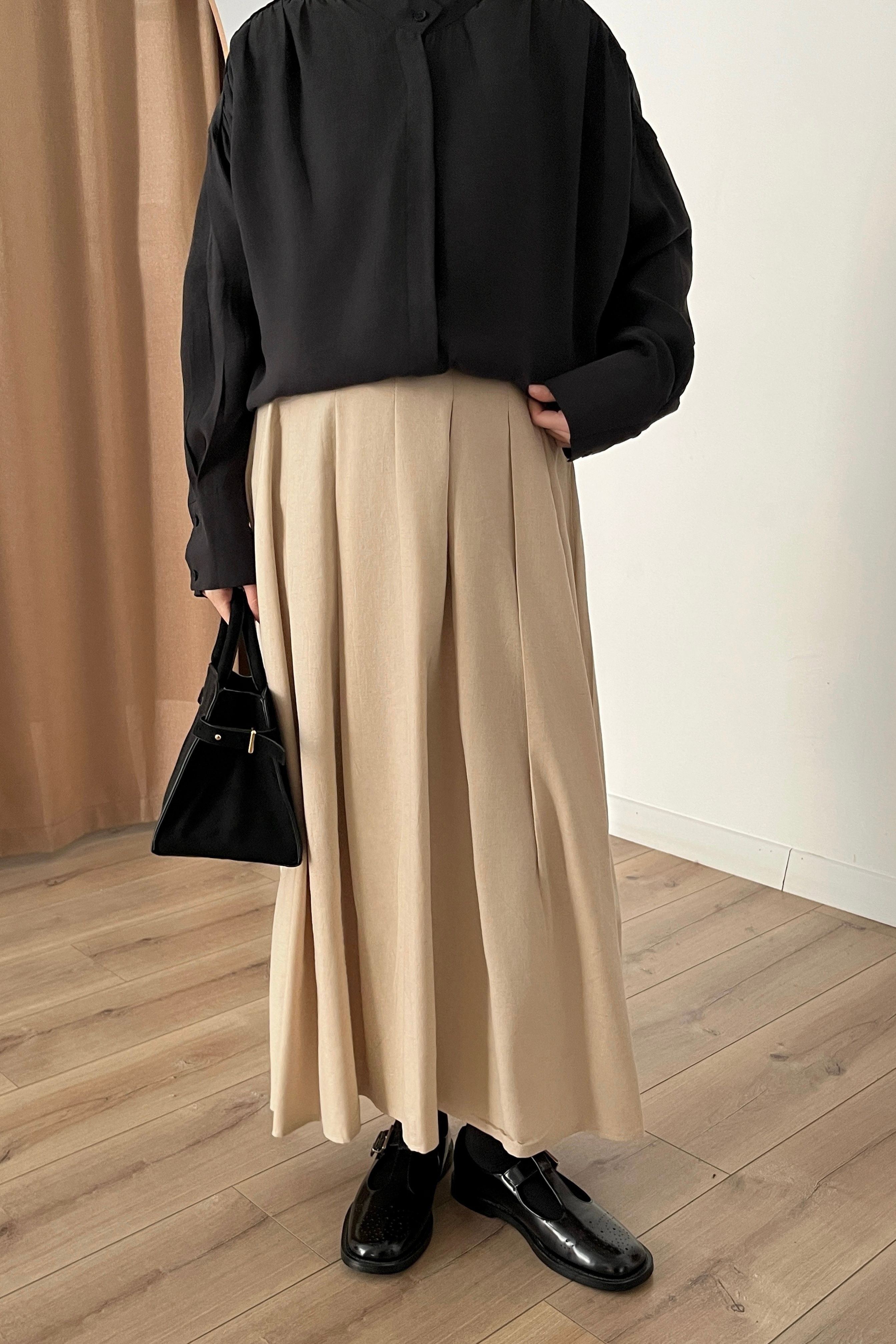 %100 Keten pileli etek - milk beige