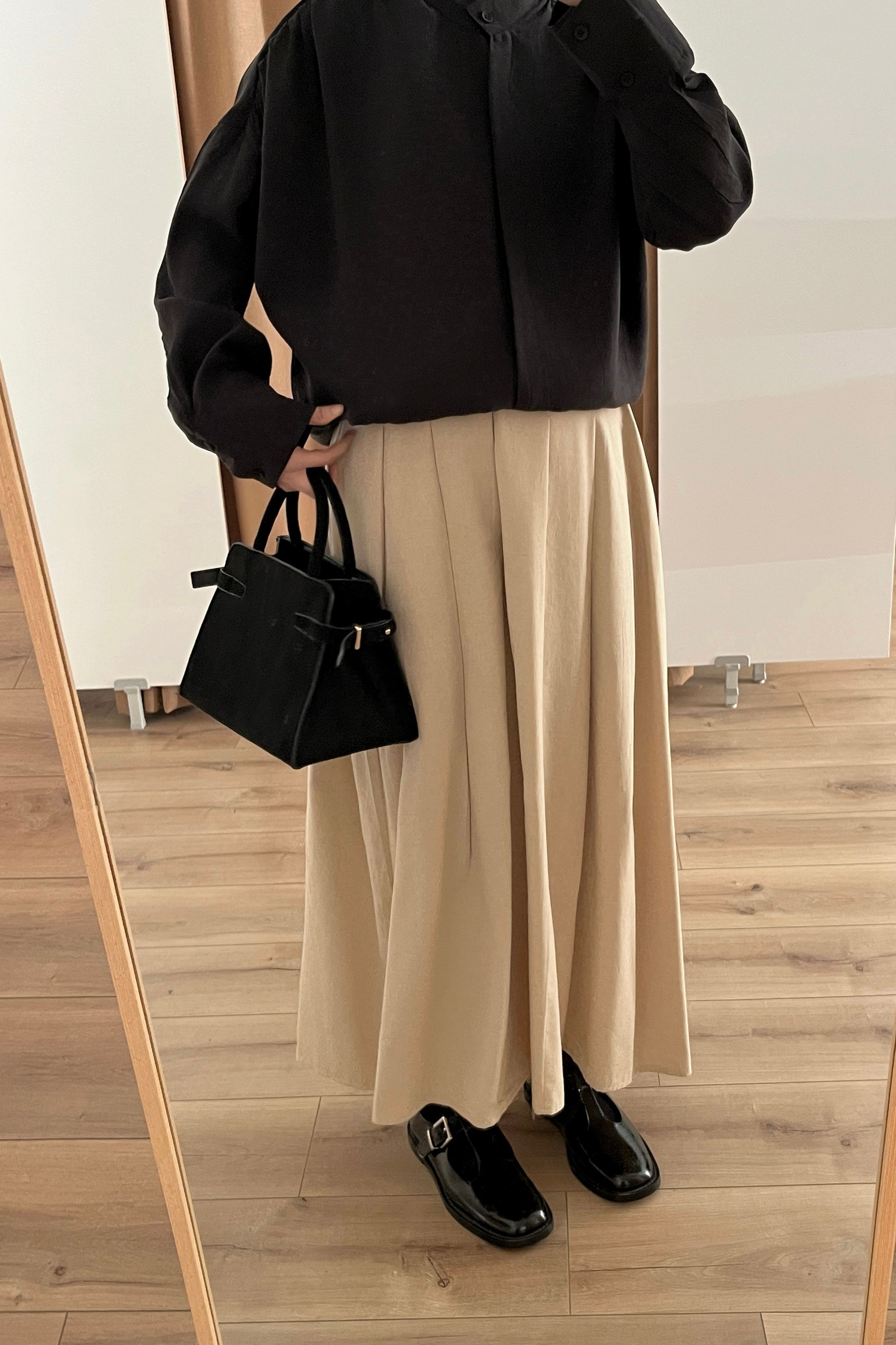 %100 Keten pileli etek - milk beige