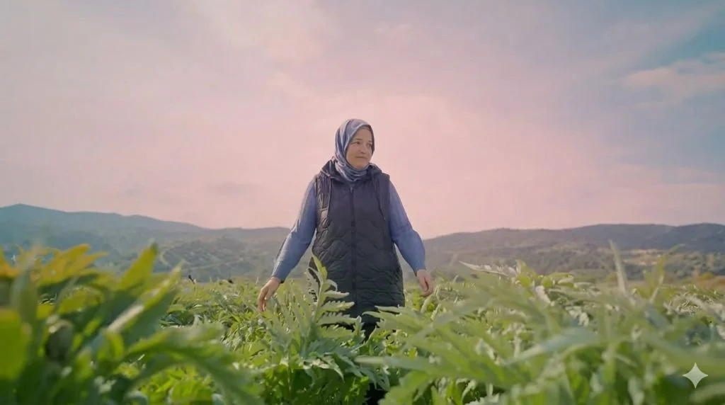 Enginar tarlasında çalışan kadın üretici, Adalılar Çiftliği’nin doğal üretim sürecini temsil ediyor.
