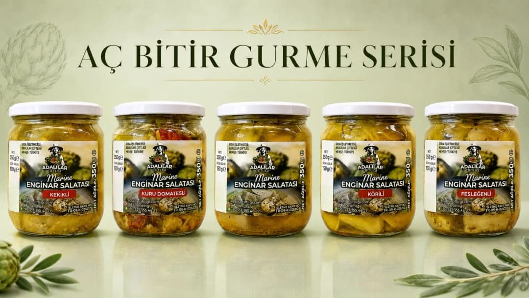 Adalılar Çiftliği hazır enginar salatası çeşitlerini gösteren Aç Bitir Gurme Serisi ürün görseli