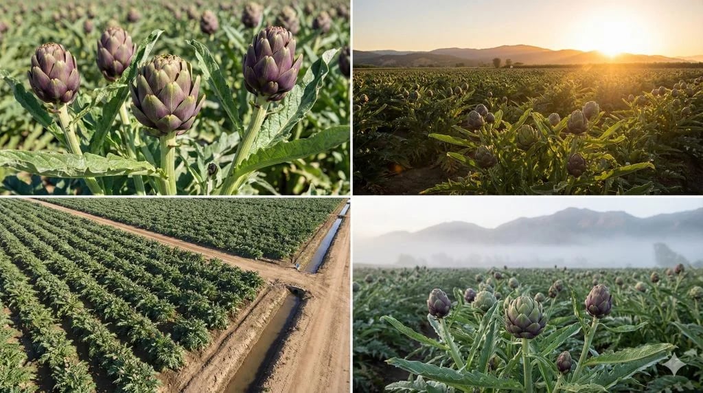 Adalılar Çiftliği’nin geniş enginar tarlasında güneş ışığı ve doğal üretim koşullarını gösteren iyi tarım uygulamaları örneği