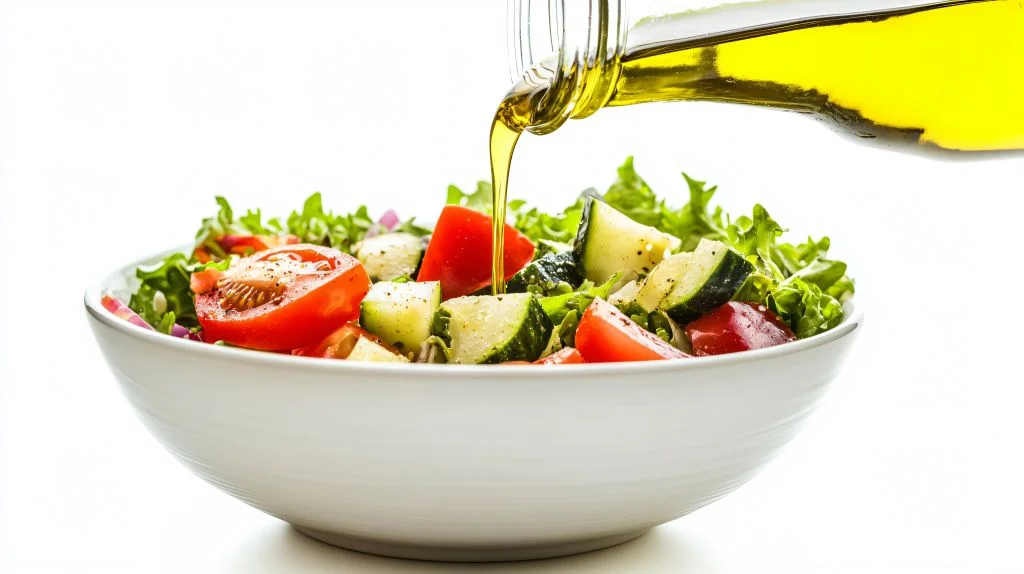 Zeytinyağının sağlığa faydalarını gösteren taze salatanın üzerine dökülen zeytinyağı