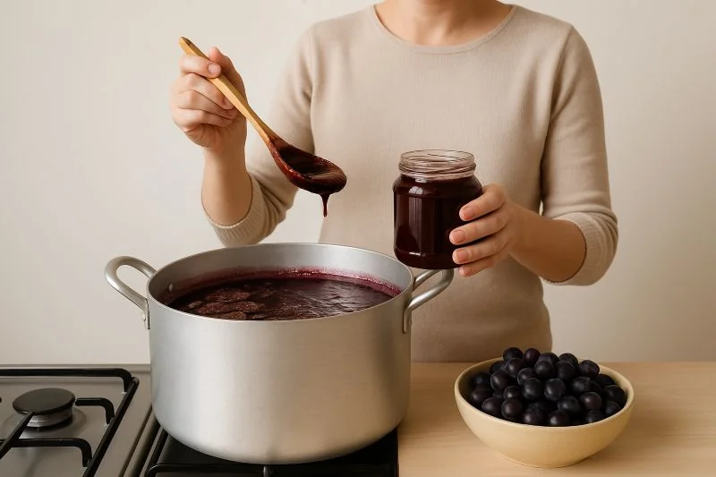 Ev ortamında tencerede kaynatılan üzüm pekmezi. Asbestli toprak kullanılmadan, güvenli ve geleneksel yöntemlerle yapılan doğal pekmez yapımı.