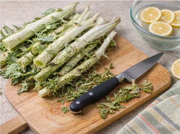 Şevketi bostan temizlemek için gerekli malzemeler kesme tahtası, bıçak ve ayıklanmış bitki