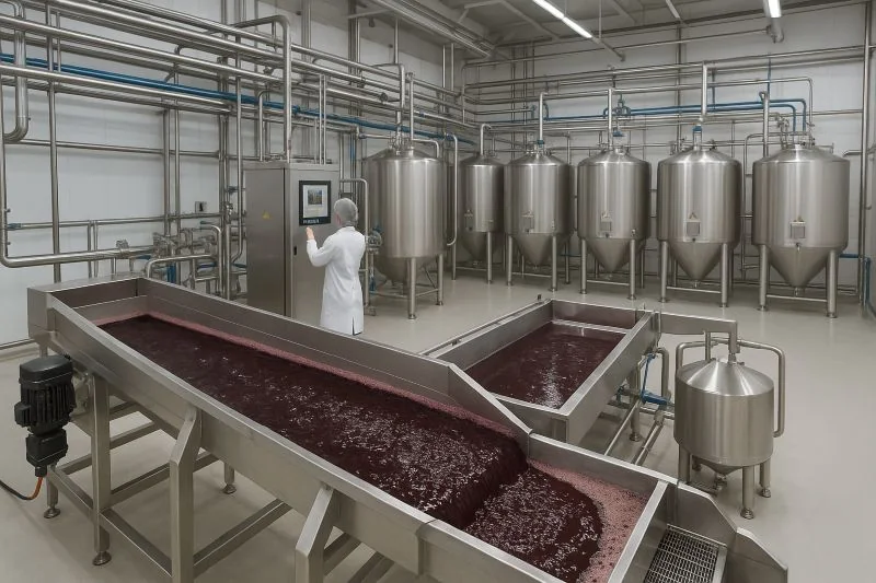 Modern pekmez üretim tesisi. Paslanmaz çelik kazanlarda hijyenik koşullarda yapılan üzüm pekmezi üretimi. Asbestli toprakla ilişkisi olmayan, kontrollü ve güvenli üretim süreci.