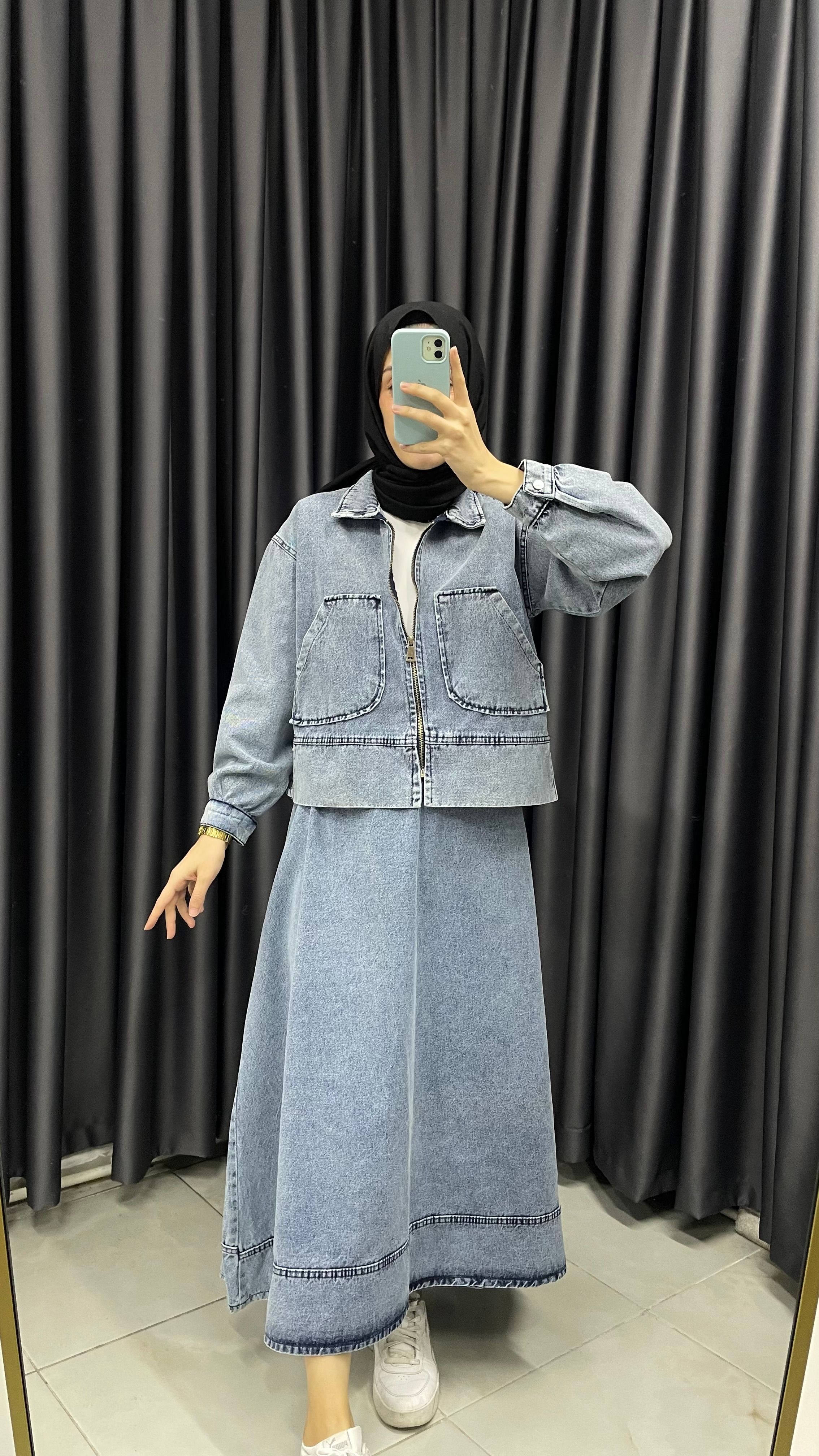 Denim Crop Ceket Etek Takım