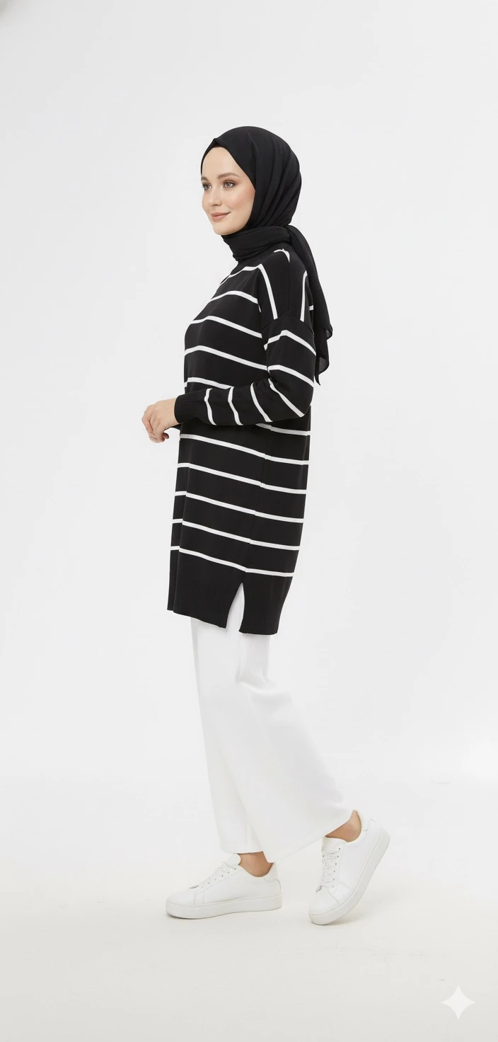 Bisiklet Yaka Merserize Çizgili Tunik