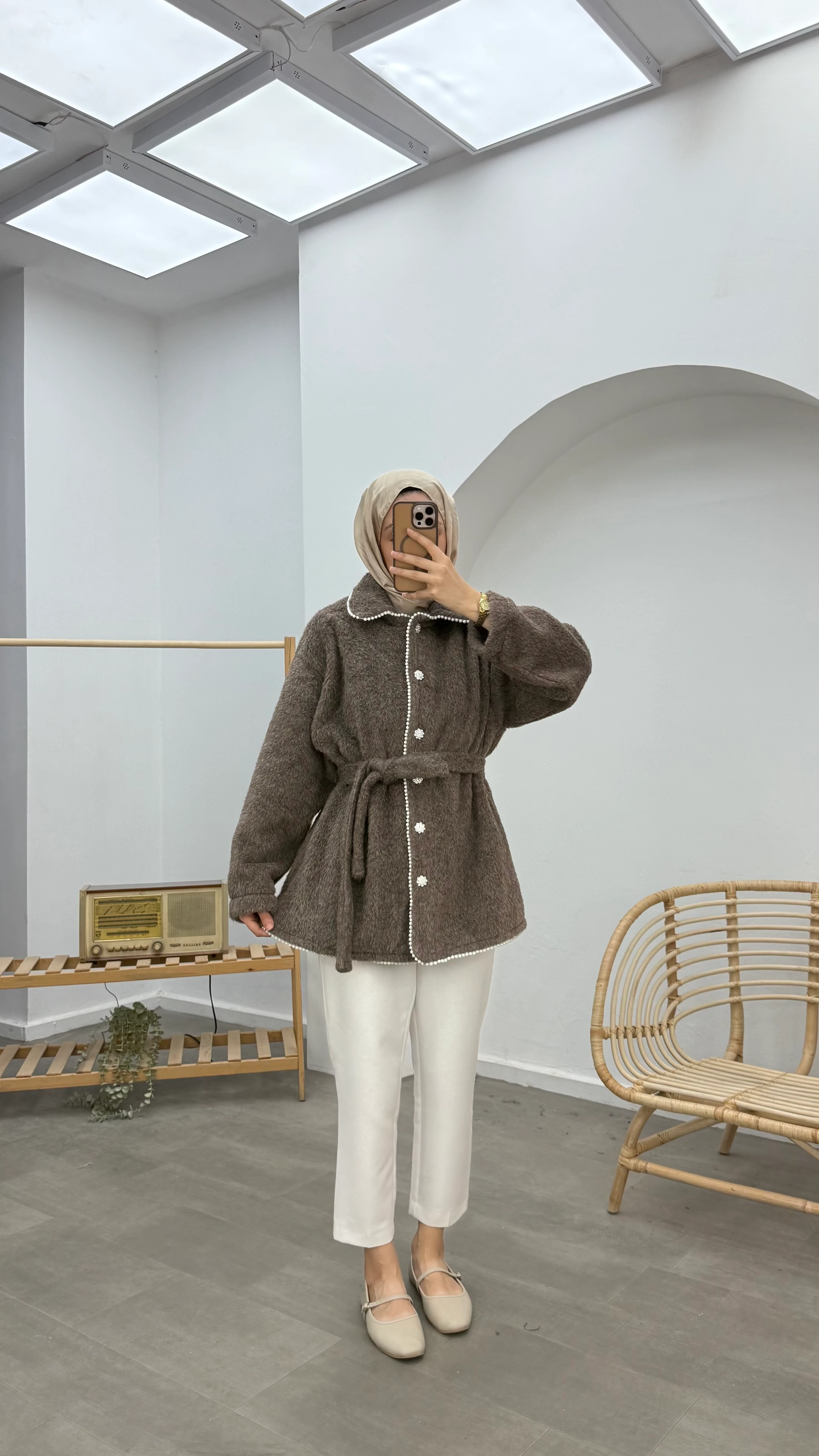 İnci Detaylı Kaşe Kaban - Kahve