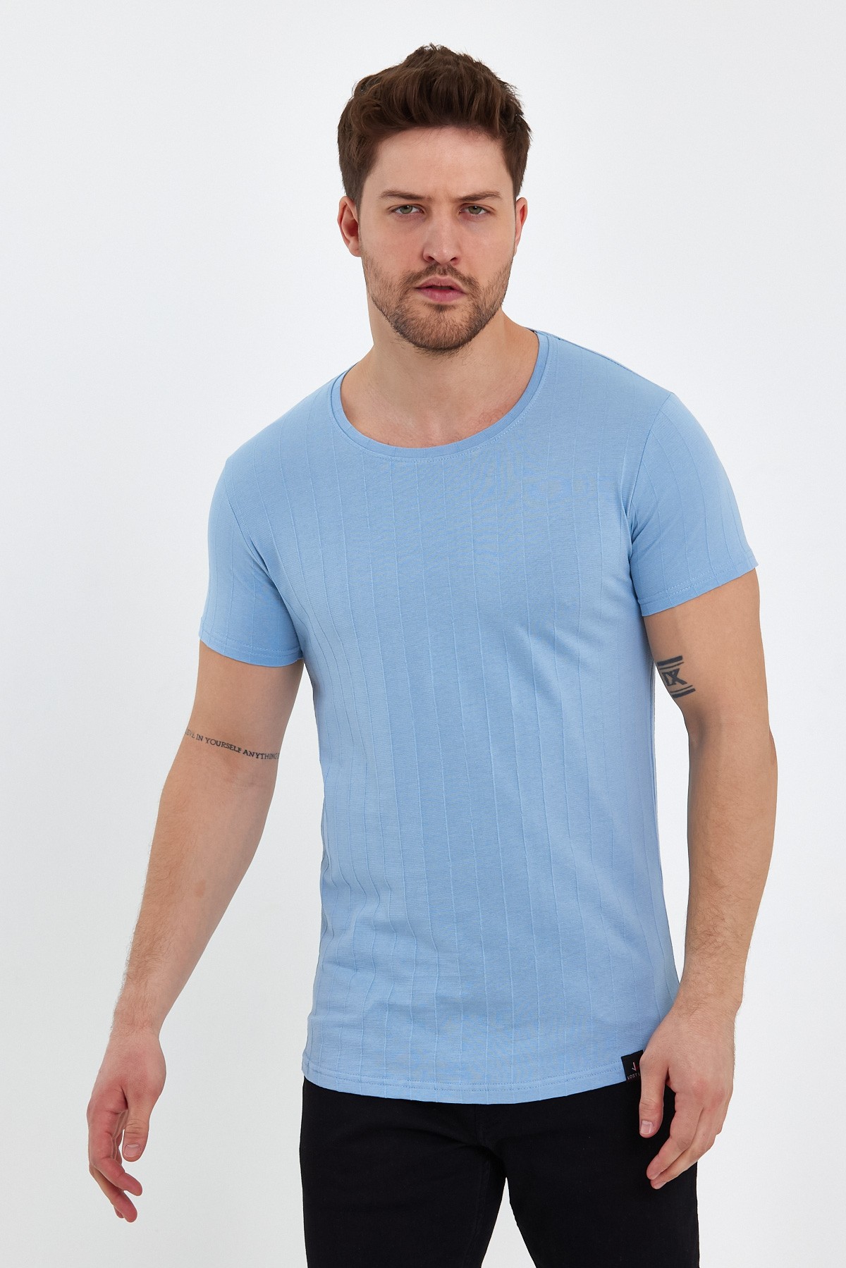 Jakarlı Basic Erkek Tişört - Mavi