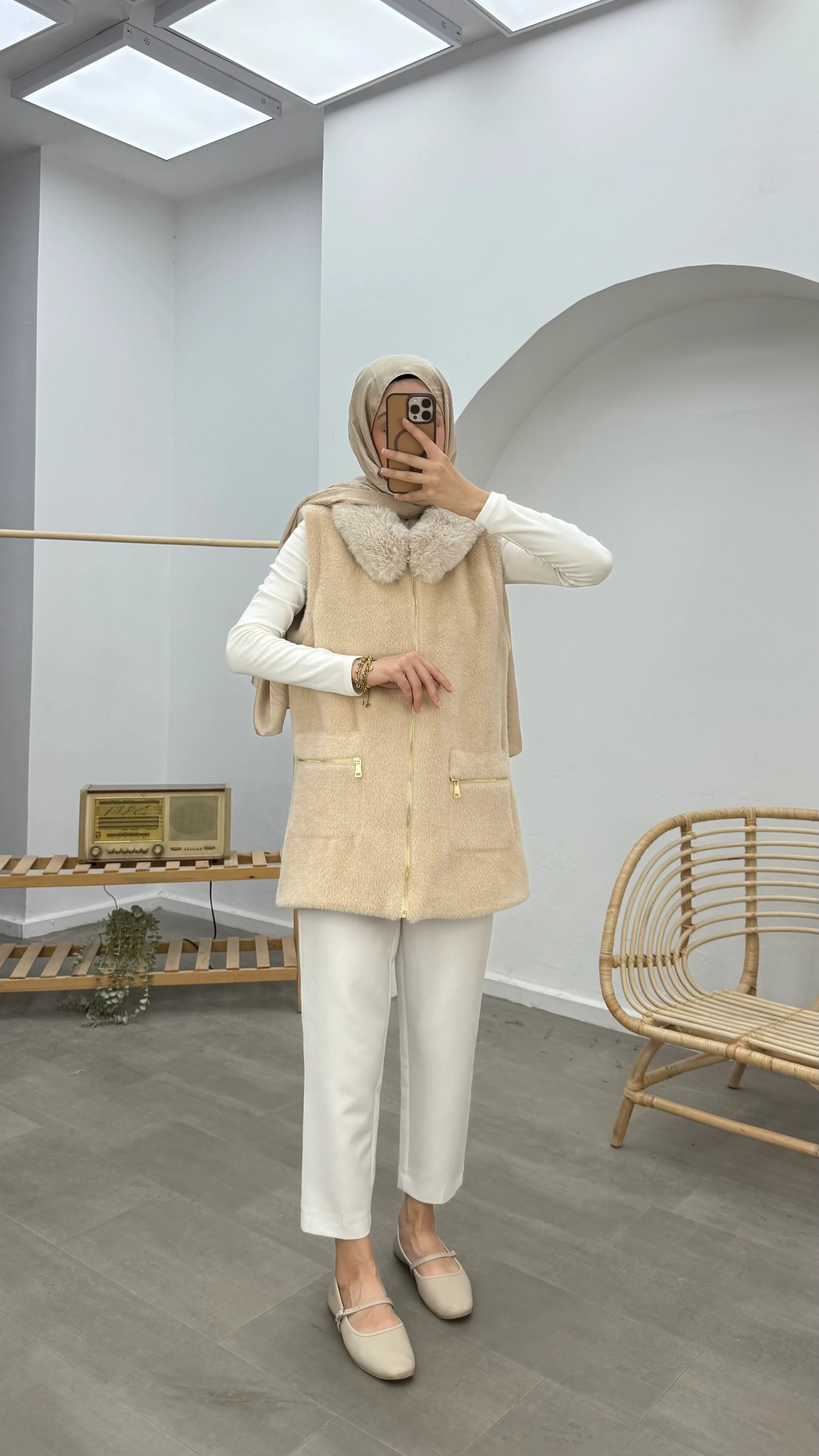 Kürklü Premium Angora Yelek - Bej