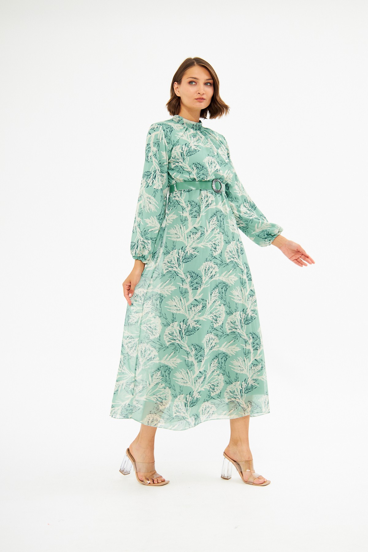 Desenli Kemer Detaylı Şifon Elbise - Mint Yeşili