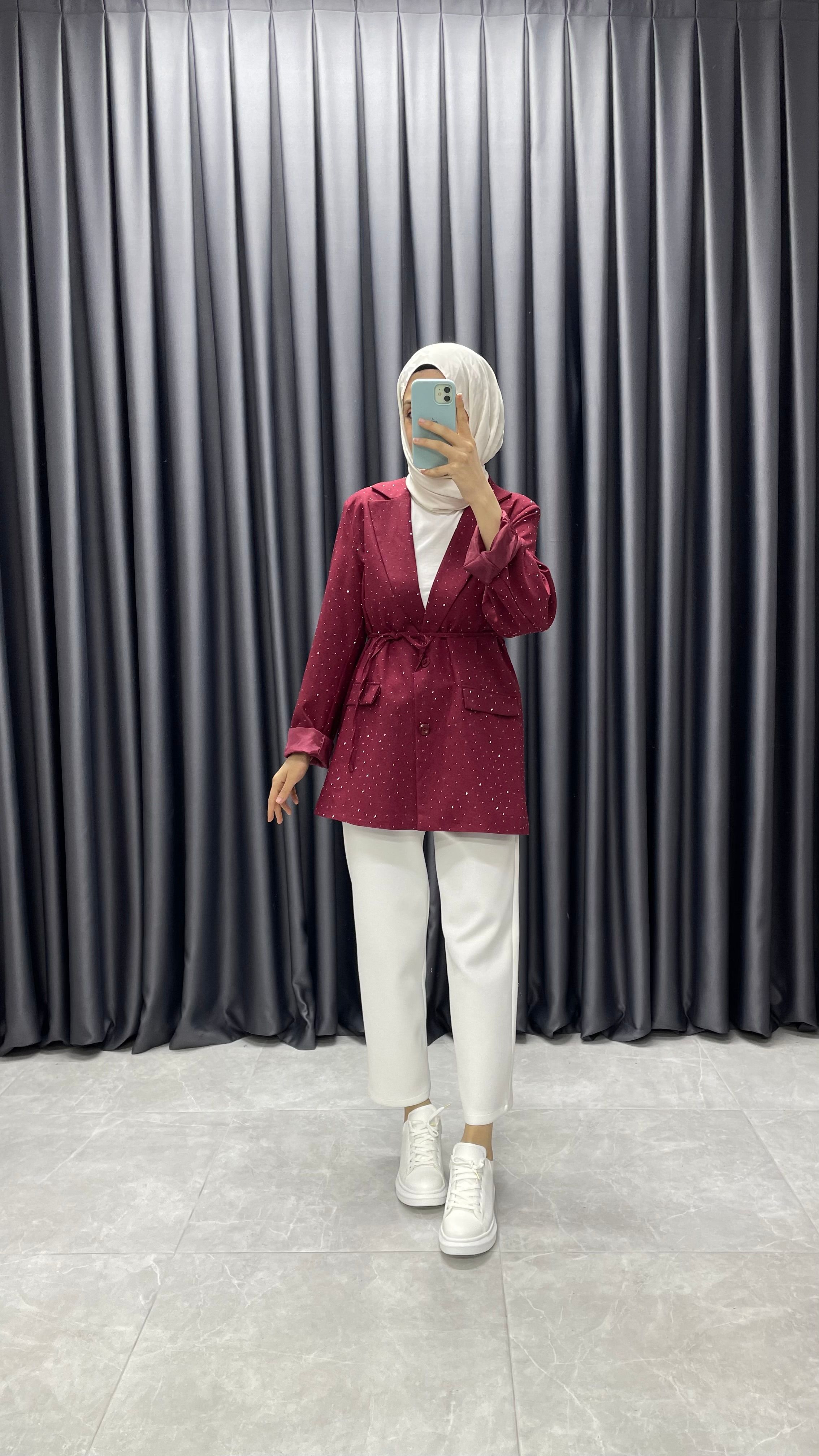 Taş Detaylı Kemerli Blazer Ceket - Bordo