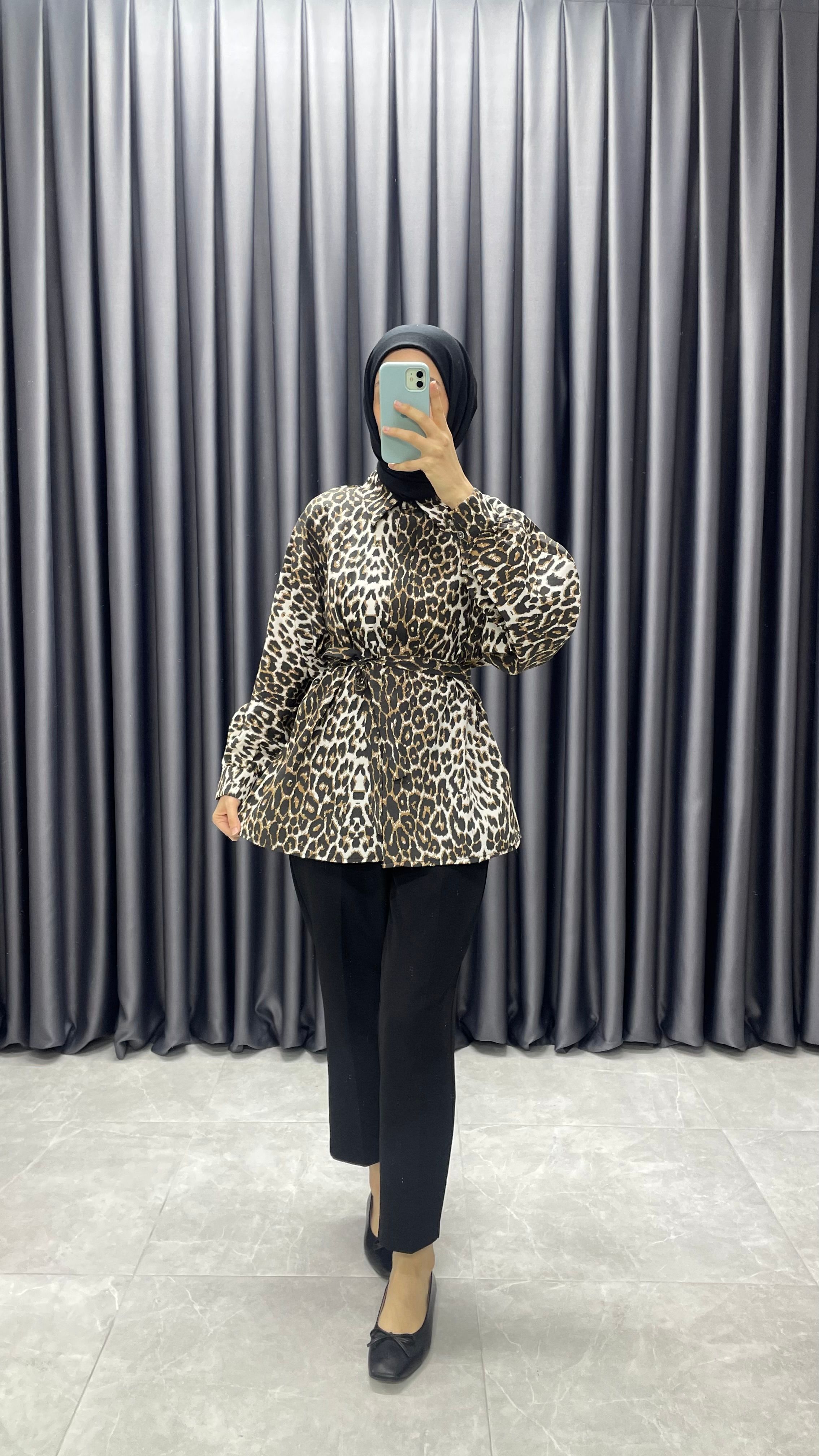 Balon Kol Oversize Gömlek - Leopar