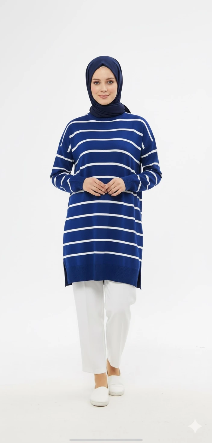Bisiklet Yaka Merserize Çizgili Tunik - İndigo