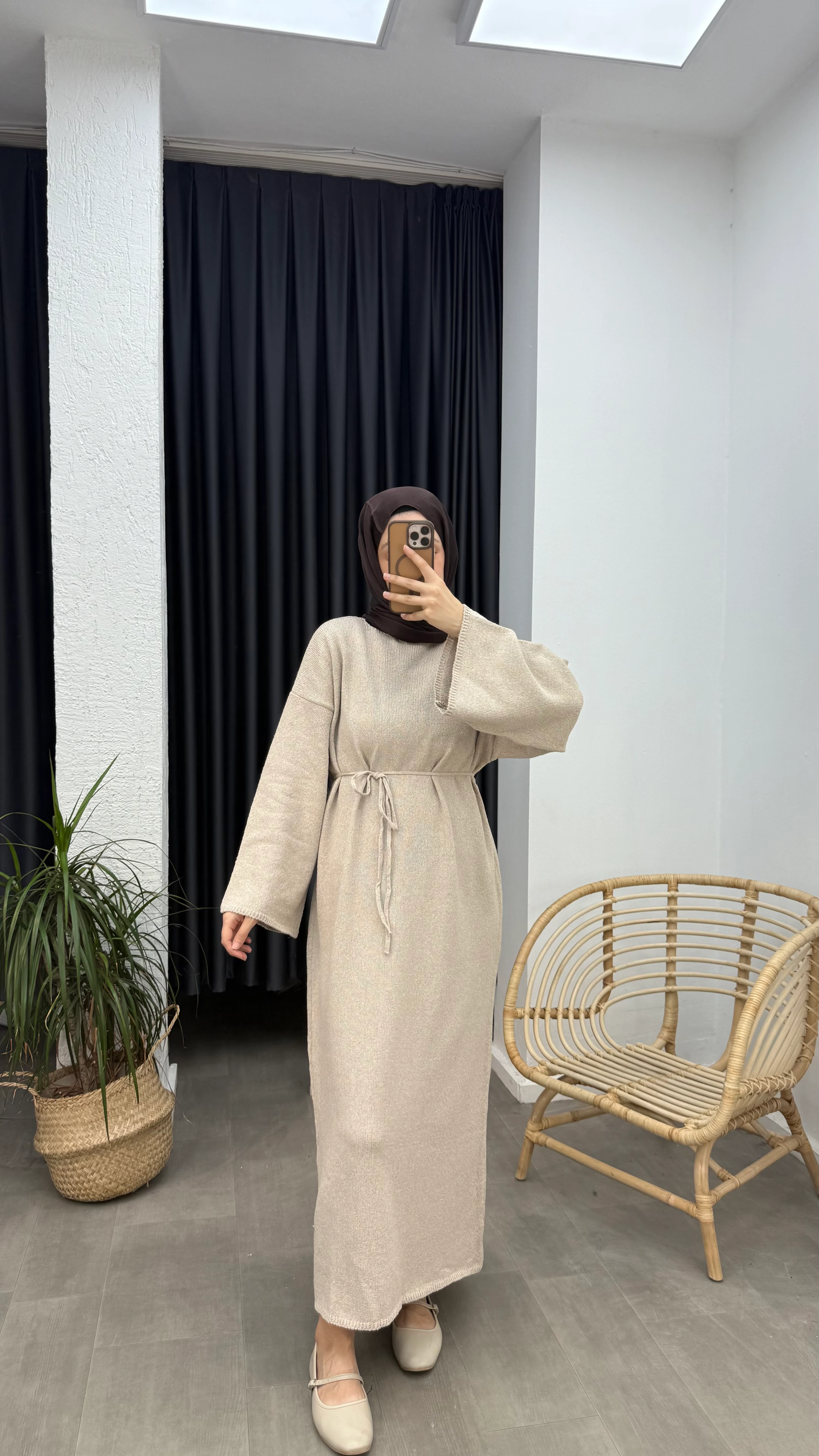 Punto Bağlama Detaylı Triko Elbise - Bej