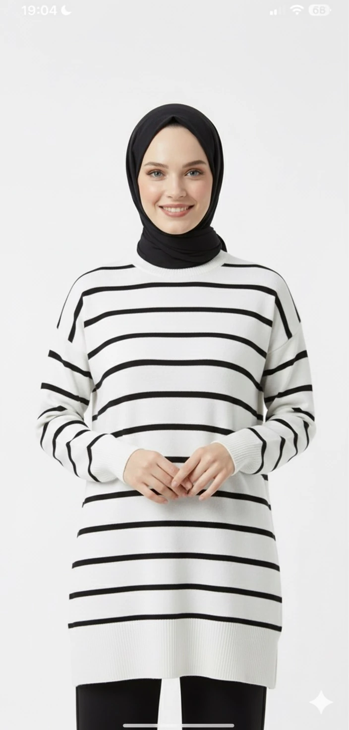 Bisiklet Yaka Merserize Çizgili Tunik - Beyaz