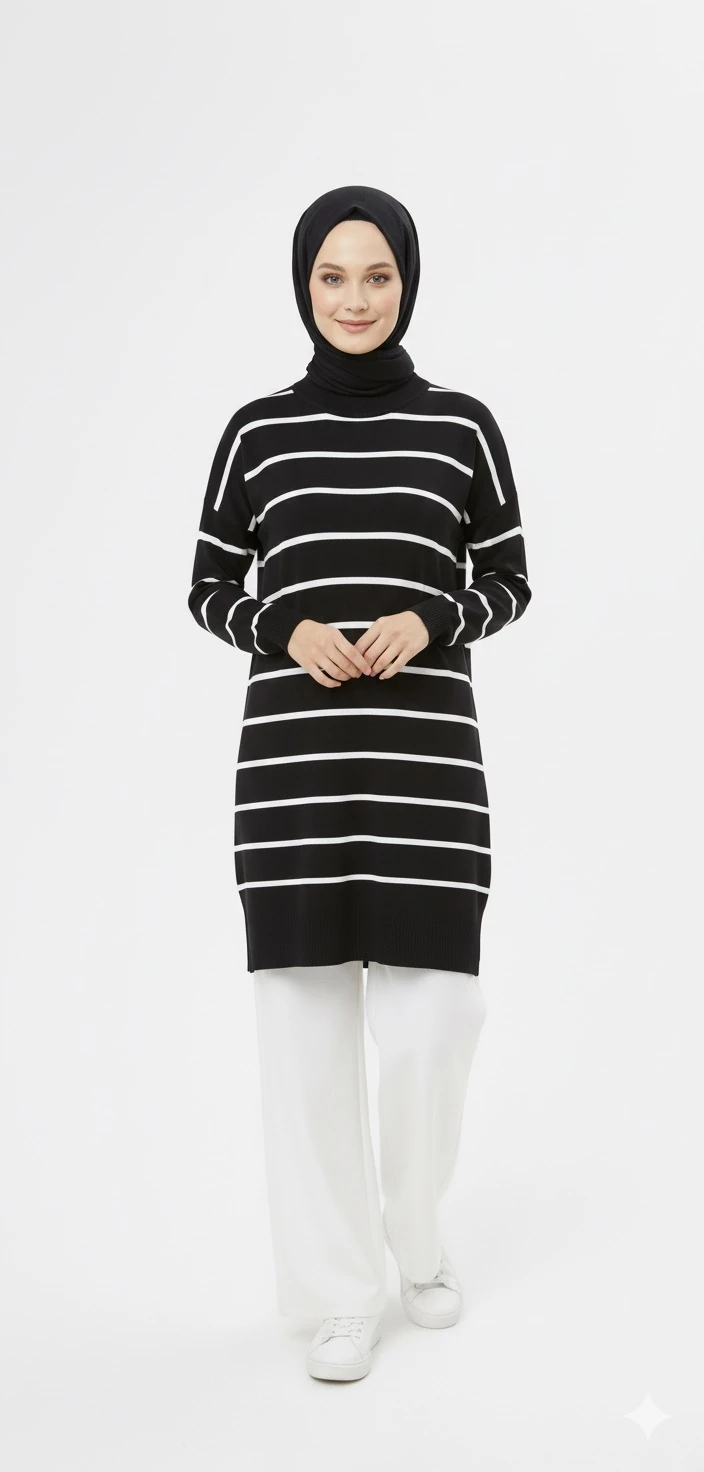 Bisiklet Yaka Merserize Çizgili Tunik - Siyah