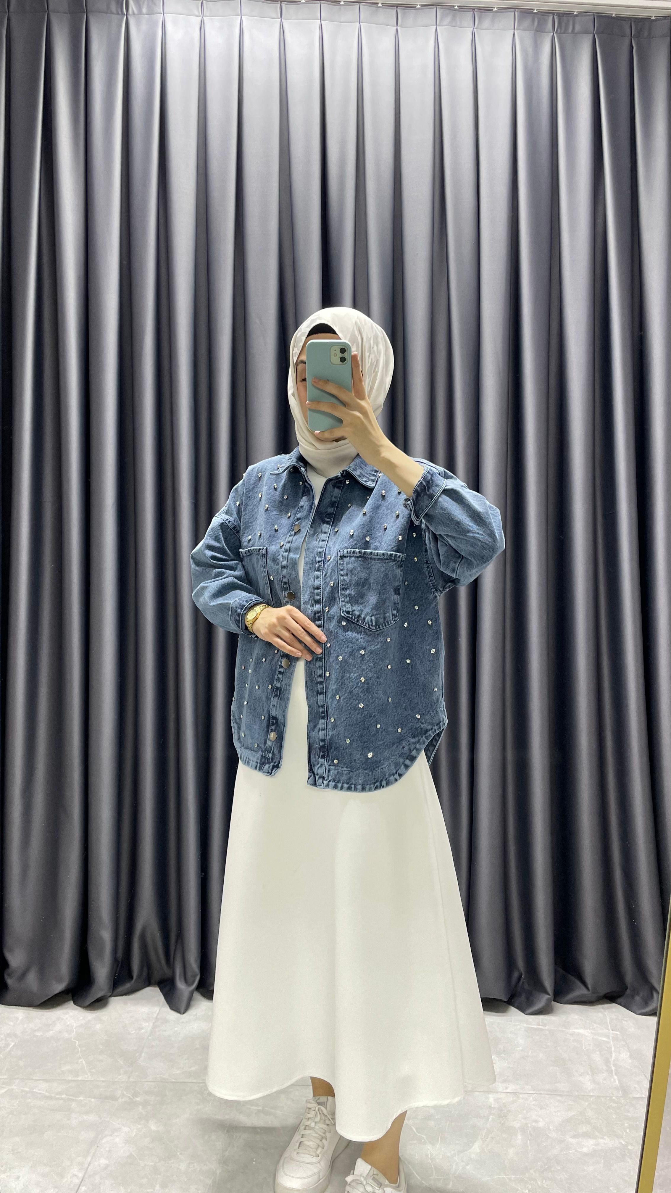 Taş Detaylı Oversize Denim Ceket