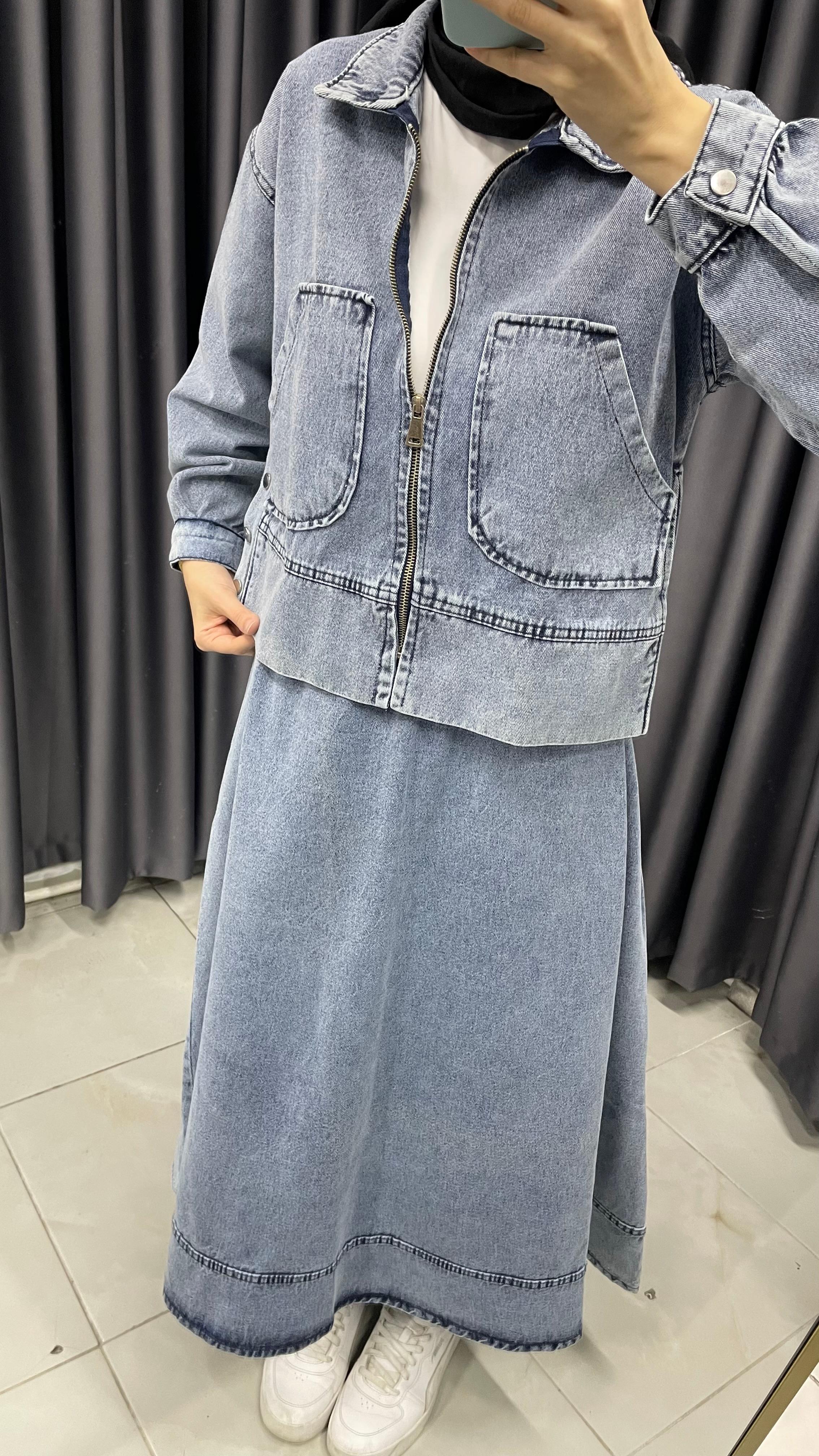 Denim Crop Ceket Etek Takım