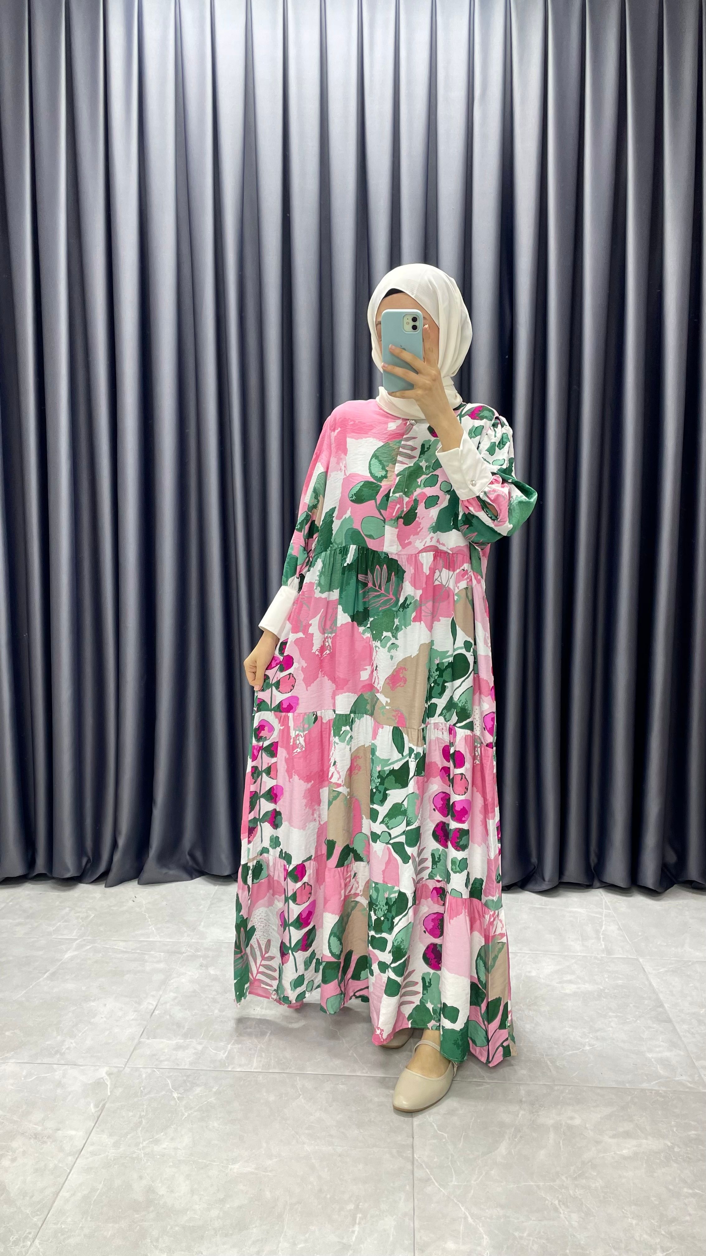 Desenli Düğme Detaylı Elbise - Pembe