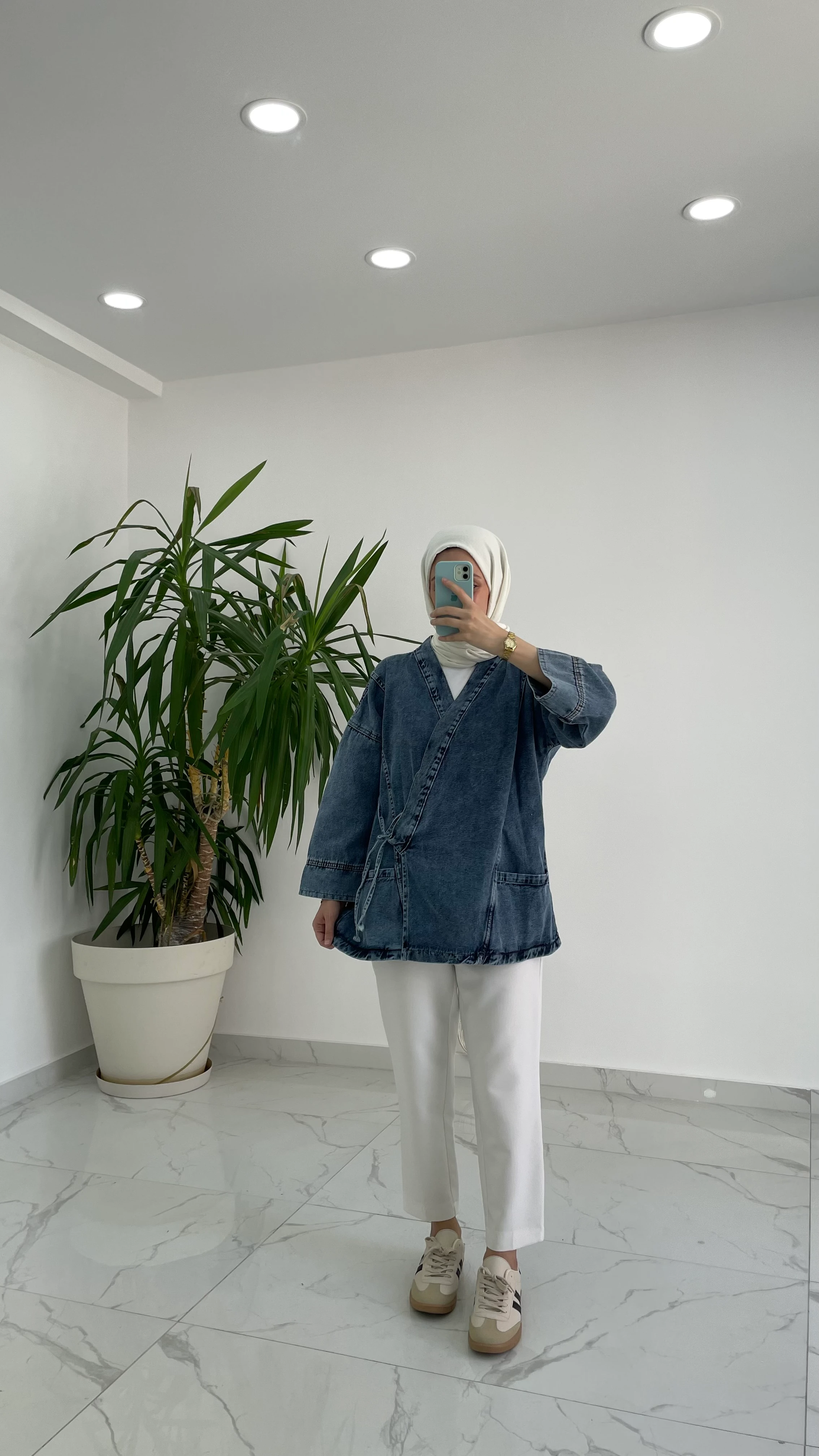 Bağlama Detaylı Denim Kimono